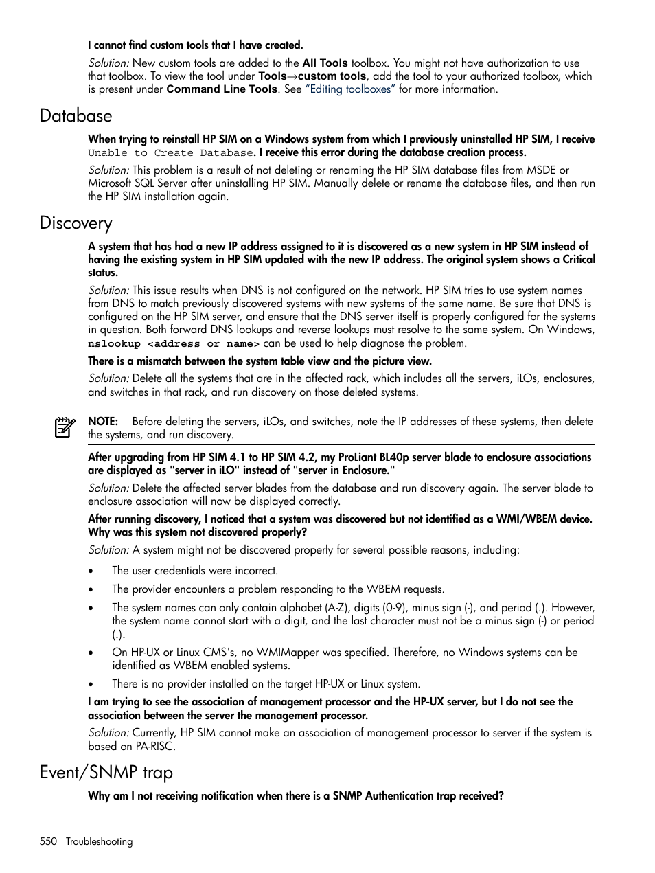Database, Discovery, Event/snmp trap | Database discovery event/snmp trap | HP Systems Insight Manager User Manual | Page 550 / 679