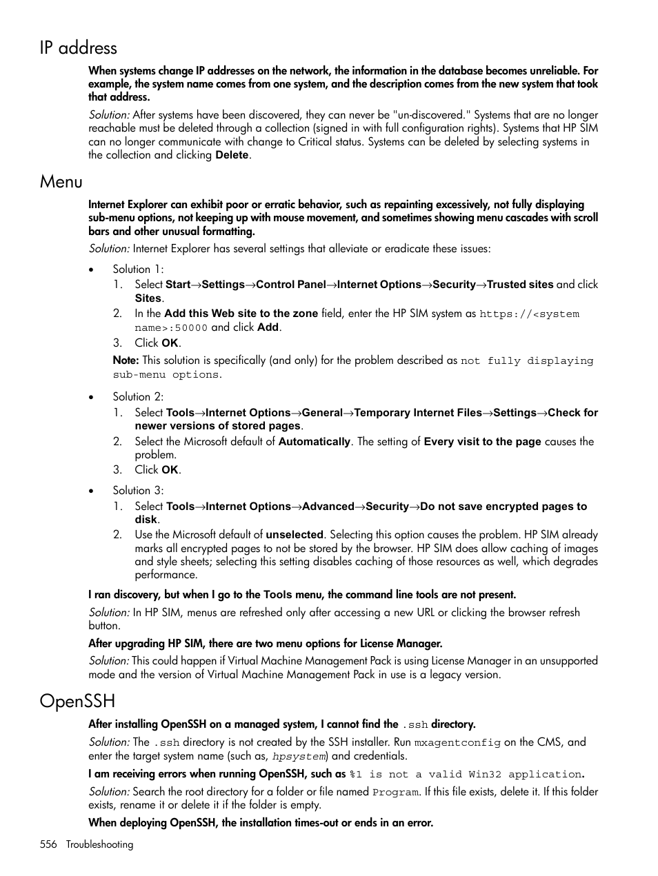 Ip address, Menu, Openssh | Ip address menu openssh | HP Systems Insight Manager User Manual | Page 556 / 679