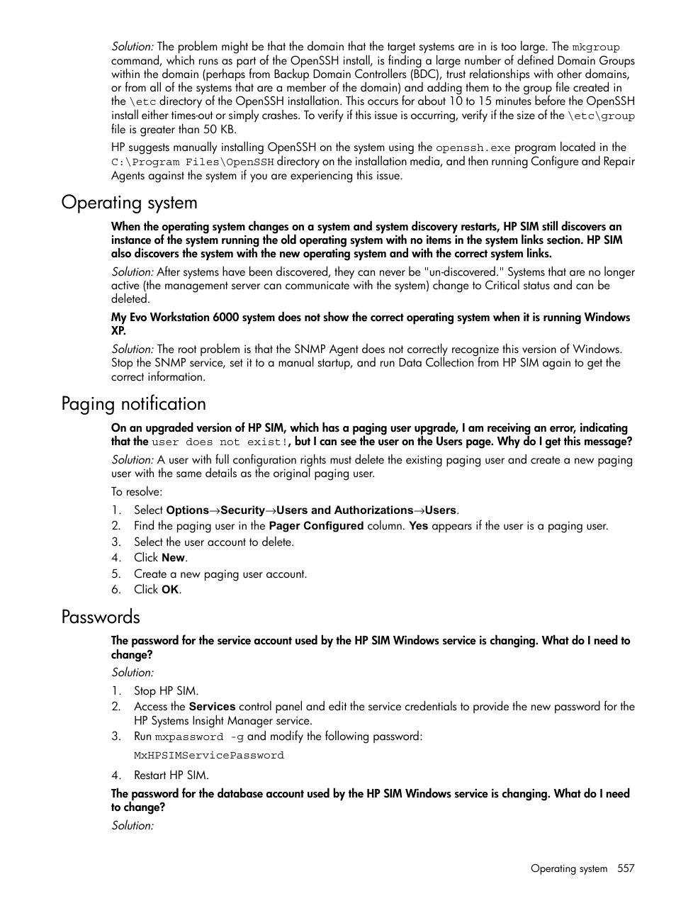 Operating system, Paging notification, Passwords | Operating system paging notification passwords | HP Systems Insight Manager User Manual | Page 557 / 679