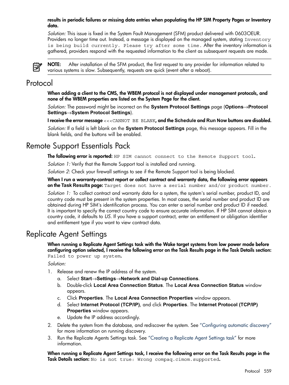 Protocol, Remote support essentials pack, Replicate agent settings | HP Systems Insight Manager User Manual | Page 559 / 679