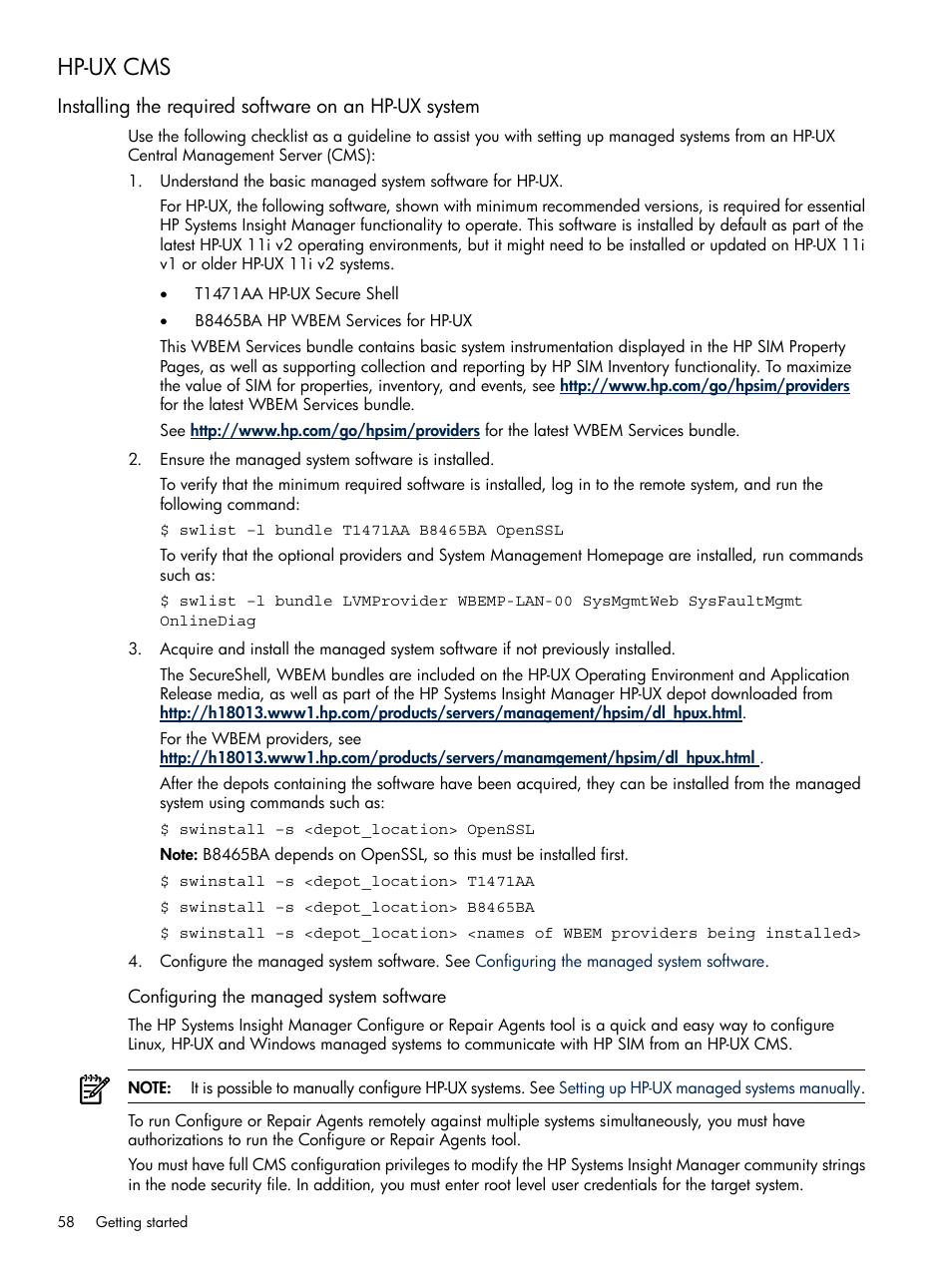 Hp-ux cms, Configuring the managed system software | HP Systems Insight Manager User Manual | Page 58 / 679