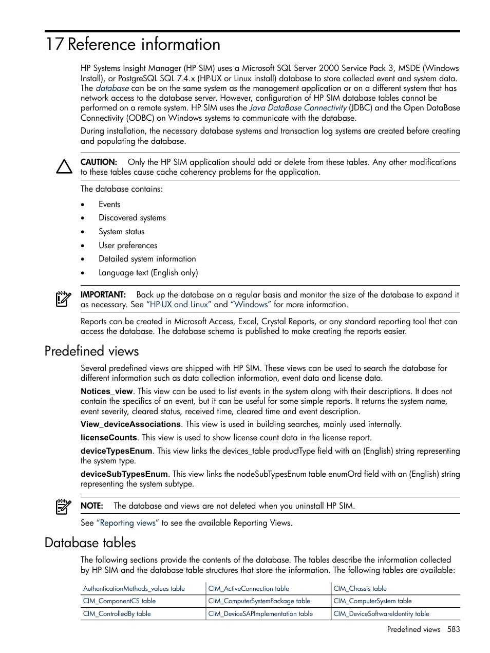 17 reference information, Predefined views, Database tables | Predefined views database tables, Reference information | HP Systems Insight Manager User Manual | Page 583 / 679