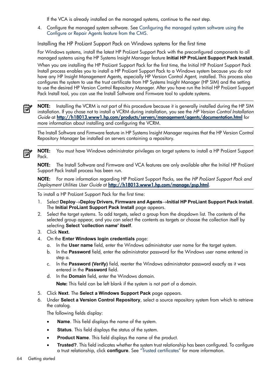 Installing the hp proliant support, Pack on windows systems for the first time | HP Systems Insight Manager User Manual | Page 64 / 679