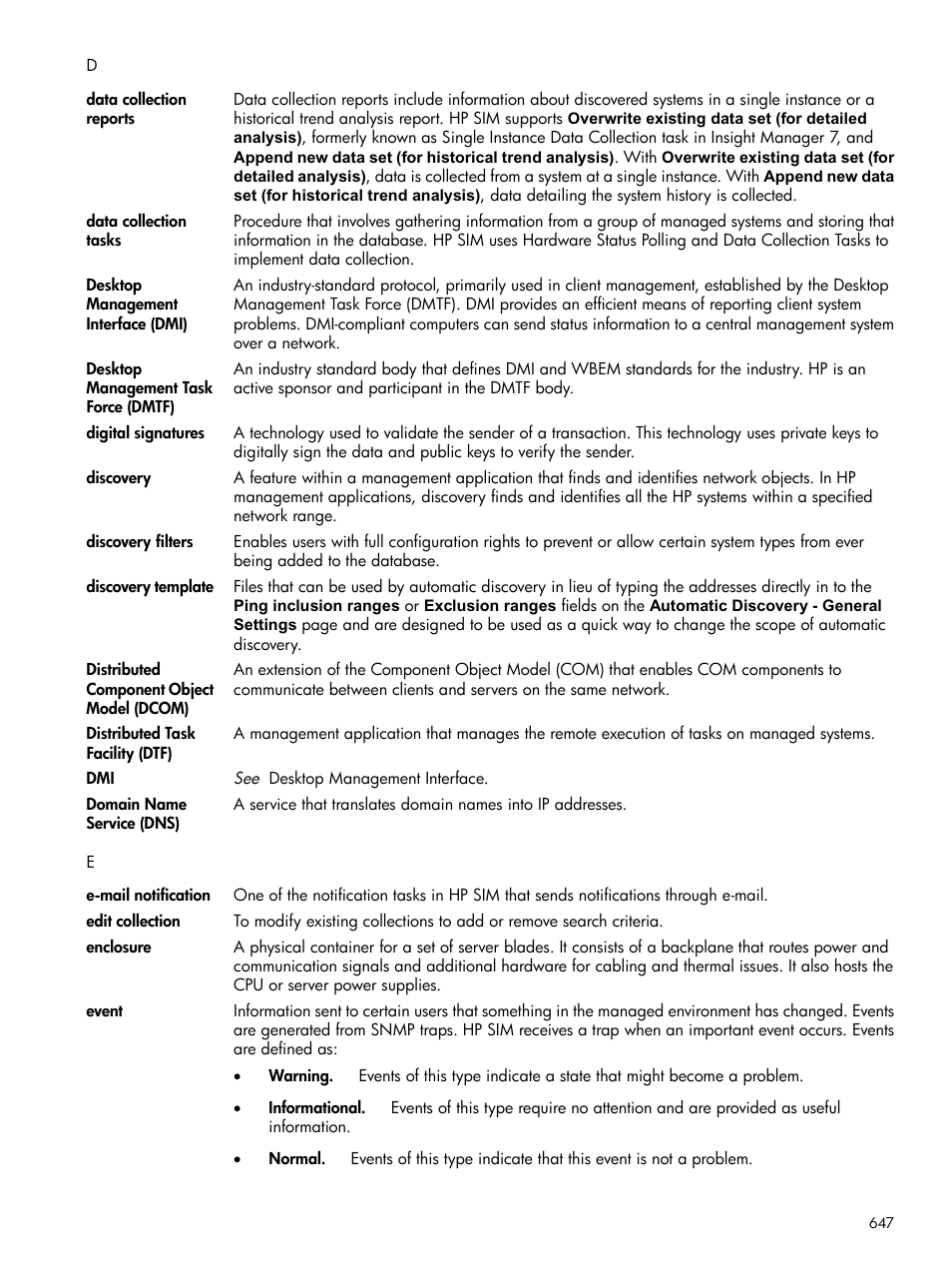 Discovery, Data collection, Event | Events, Domain name service, Discovery filters, Discoveries, Discovered, Desktop management interface, Enclosures | HP Systems Insight Manager User Manual | Page 647 / 679