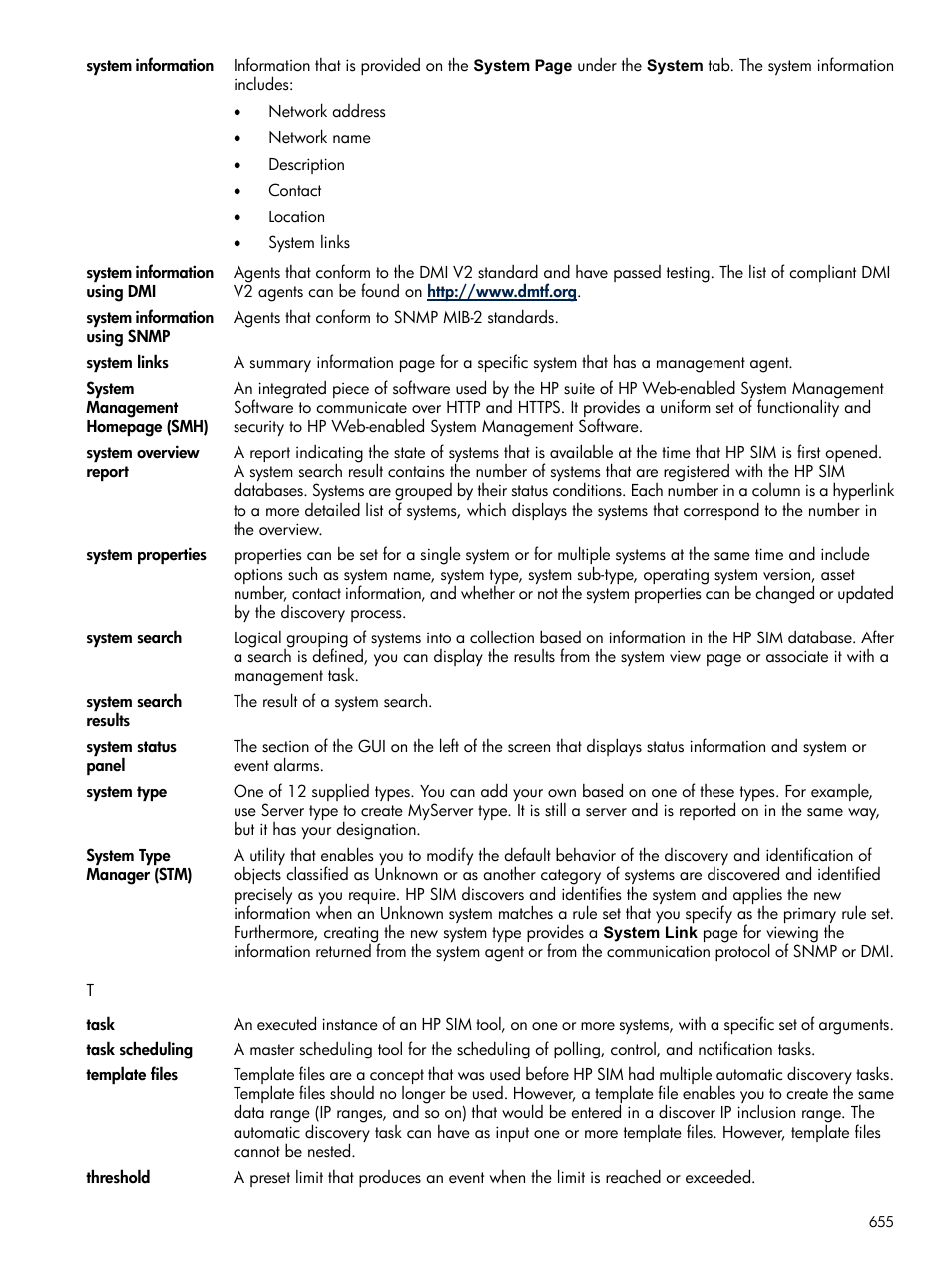Tasks, System type, System types | System type manager, Task, Type, Thresholds | HP Systems Insight Manager User Manual | Page 655 / 679