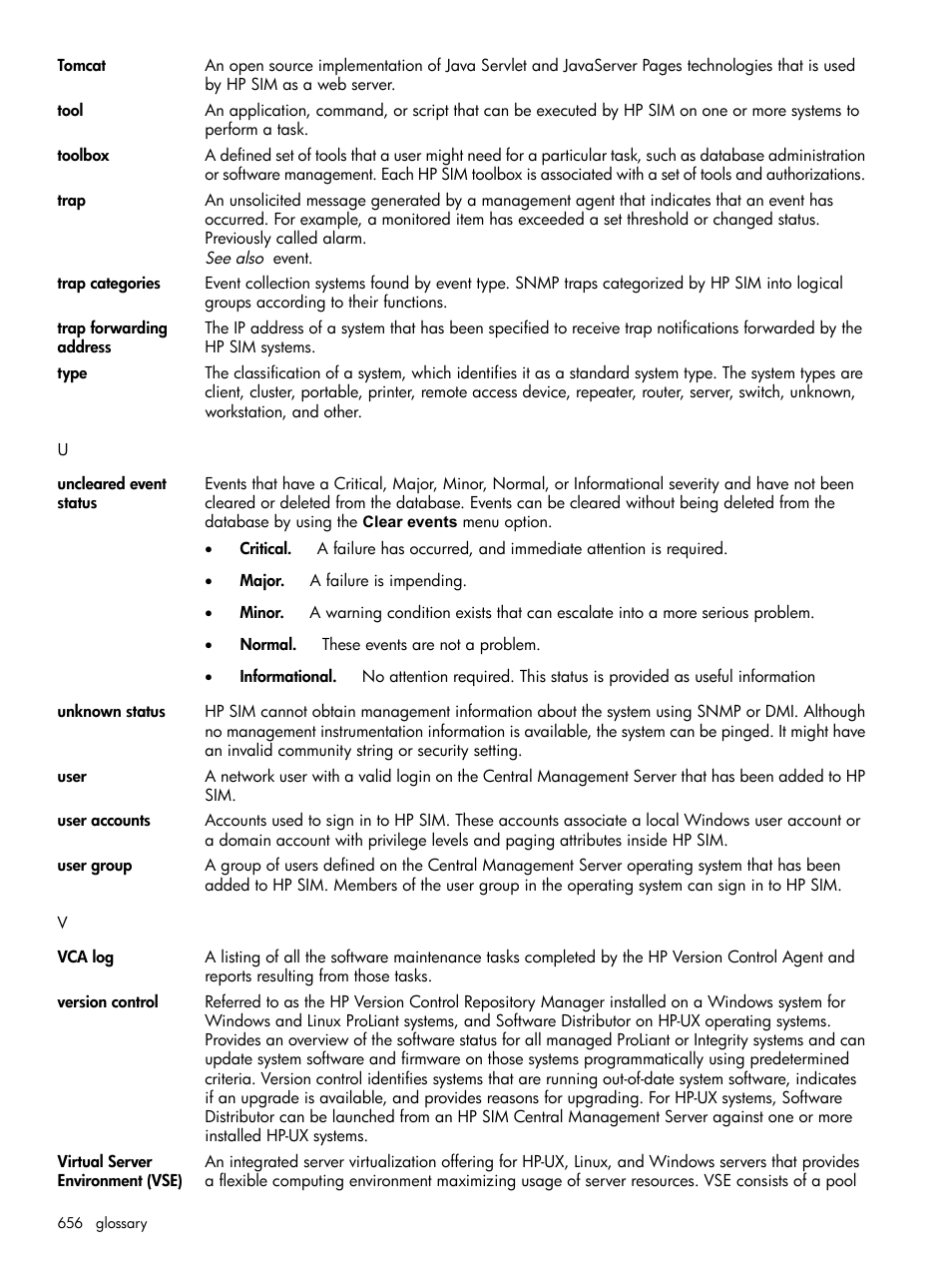 User, Toolbox, Users | Tool, Uncleared event statuses, Uncleared event status, Tools, Traps, User account, Toolboxes | HP Systems Insight Manager User Manual | Page 656 / 679