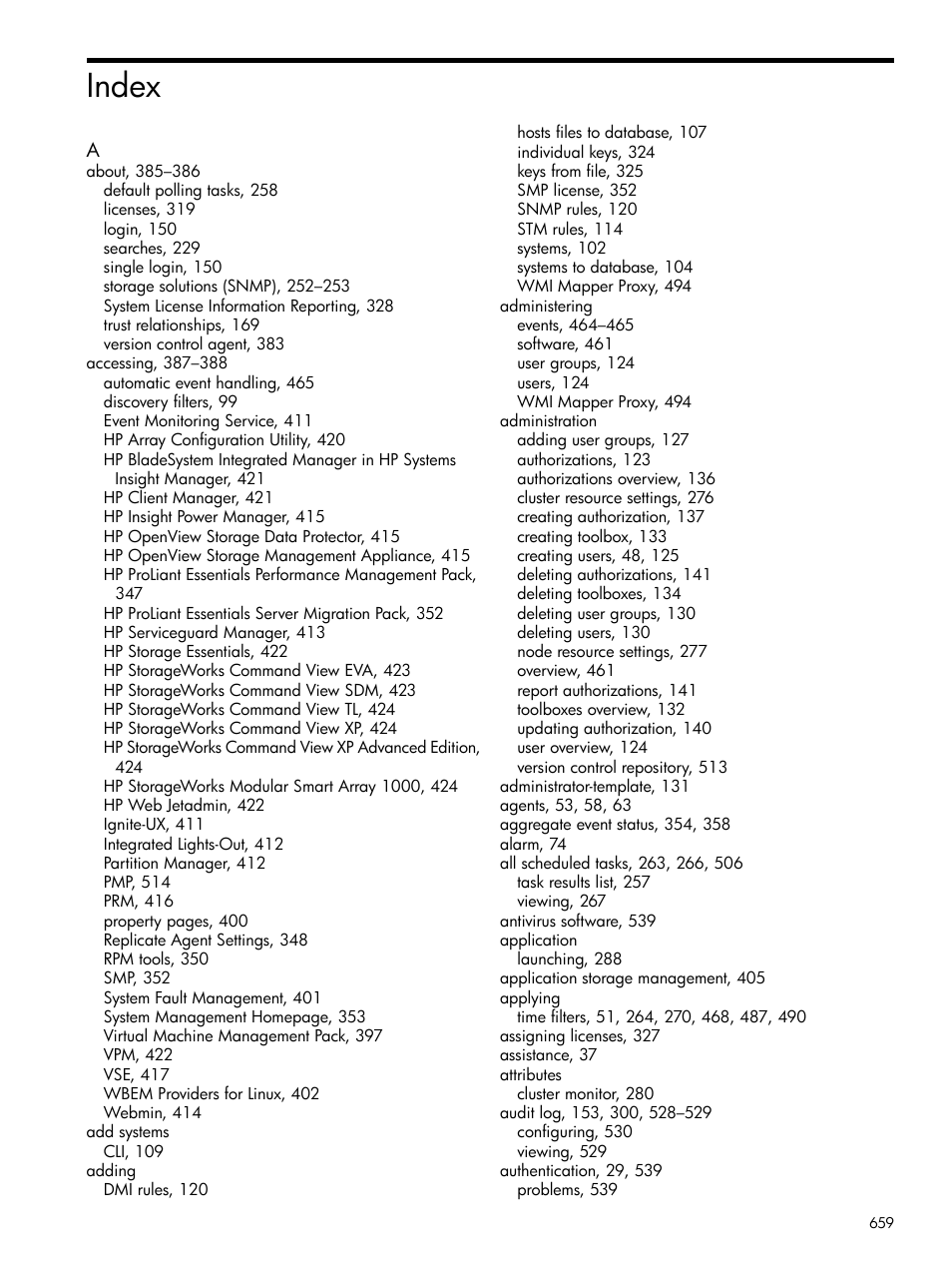 Index | HP Systems Insight Manager User Manual | Page 659 / 679