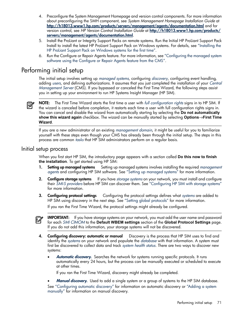 Performing initial setup, Initial setup process, Performing initial | Setup | HP Systems Insight Manager User Manual | Page 71 / 679