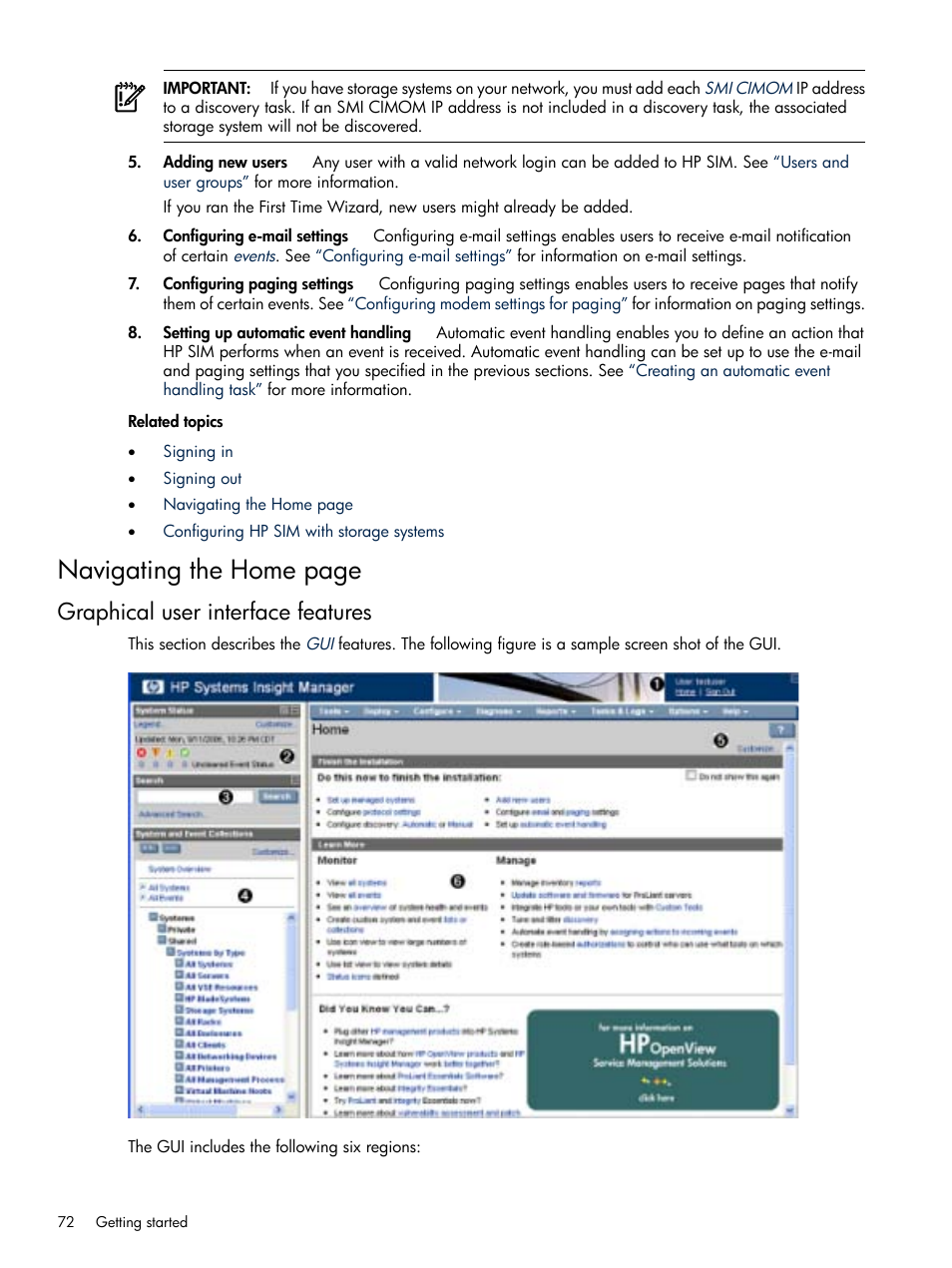 Graphical user interface features, Navigating the home page | HP Systems Insight Manager User Manual | Page 72 / 679