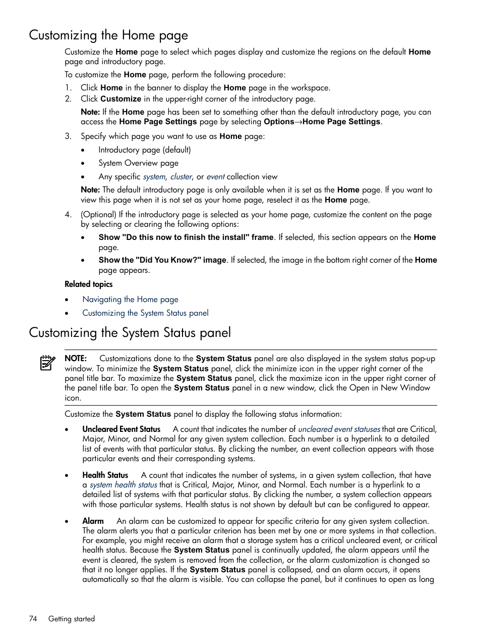 Customizing the system status panel, Customizing the home page | HP Systems Insight Manager User Manual | Page 74 / 679