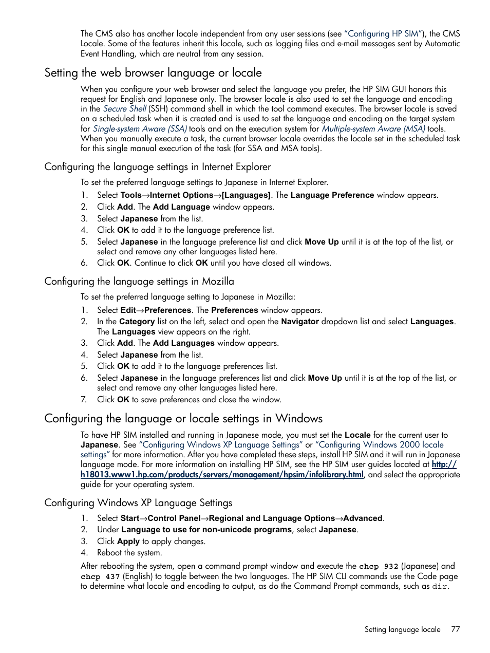 Setting the web browser language or locale, Configuring the language settings in mozilla, Configuring windows xp language settings | HP Systems Insight Manager User Manual | Page 77 / 679