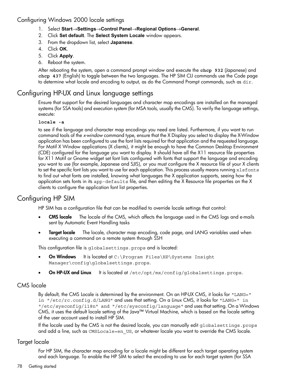 Configuring windows 2000 locale settings, Configuring hp-ux and linux language settings, Configuring hp sim | Cms locale, Target locale, Cms locale target locale, Configuring windows 2000 locale, Settings | HP Systems Insight Manager User Manual | Page 78 / 679