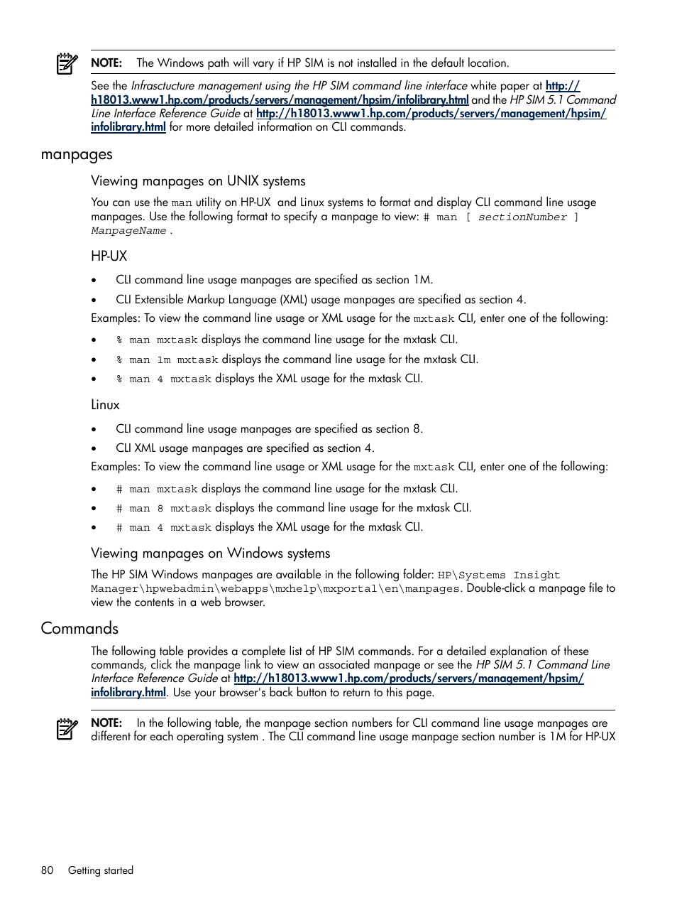 Commands, Manpages | HP Systems Insight Manager User Manual | Page 80 / 679