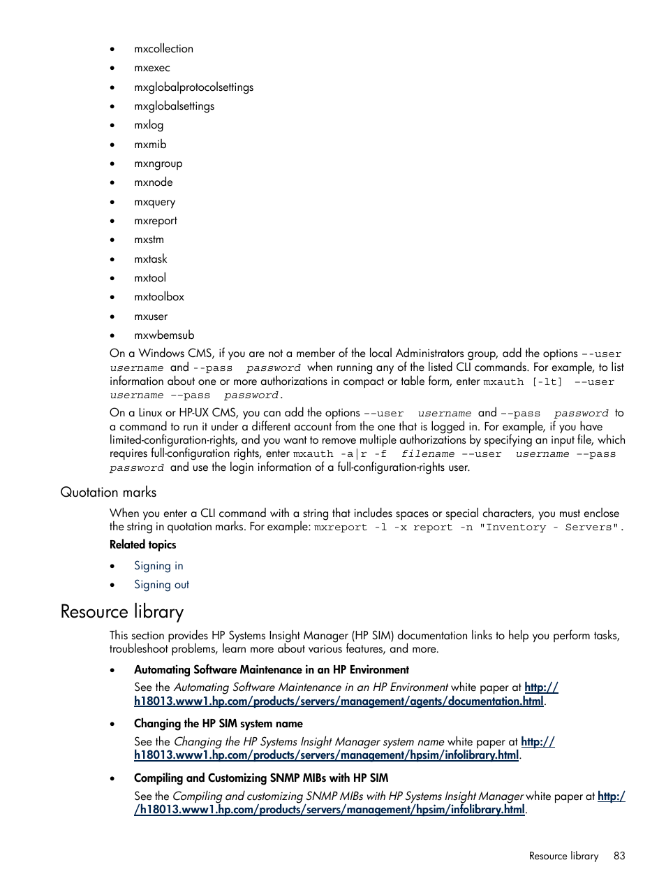 Quotation marks, Resource library | HP Systems Insight Manager User Manual | Page 83 / 679