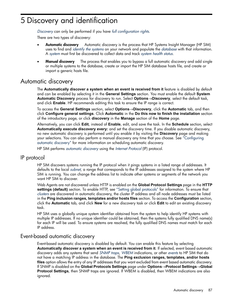 5 discovery and identification, Automatic discovery, Ip protocol | Event-based automatic discovery, Ip protocol event-based automatic discovery, Discovery and identification | HP Systems Insight Manager User Manual | Page 87 / 679