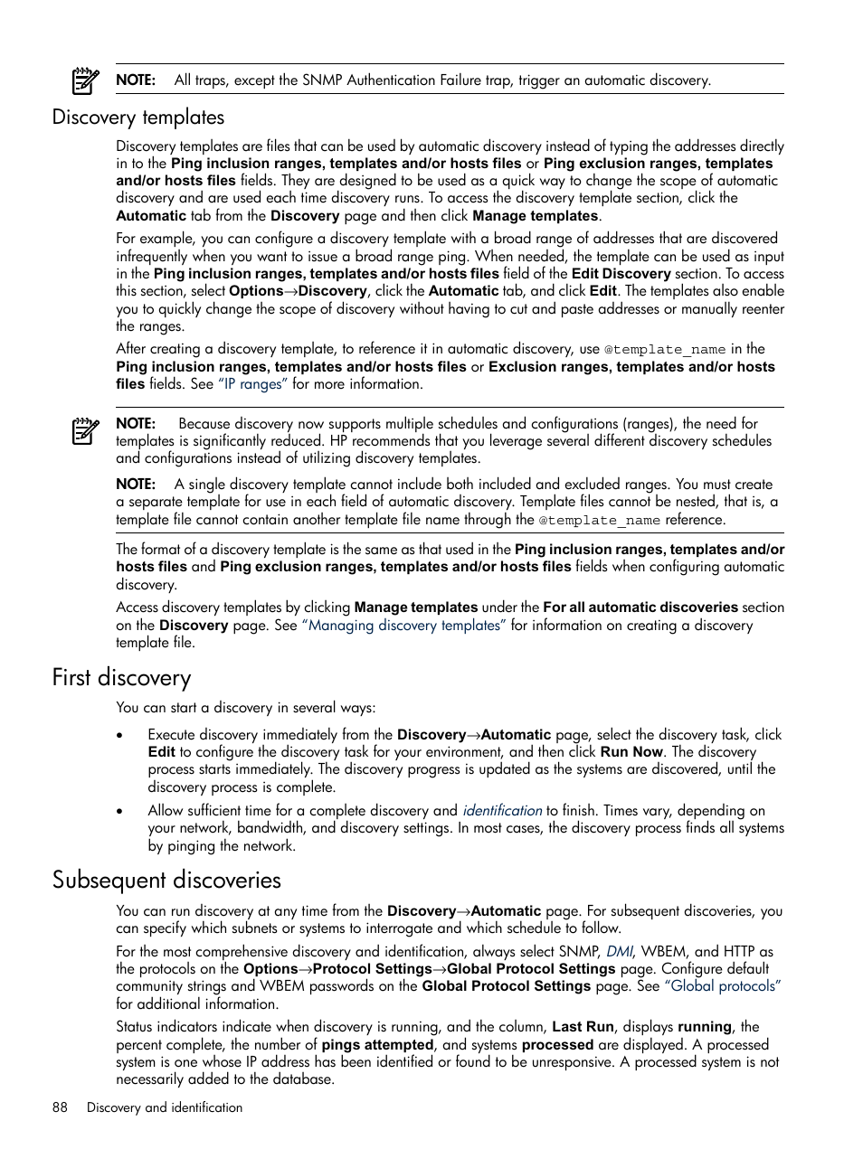 Discovery templates, First discovery, Subsequent discoveries | First discovery subsequent discoveries | HP Systems Insight Manager User Manual | Page 88 / 679