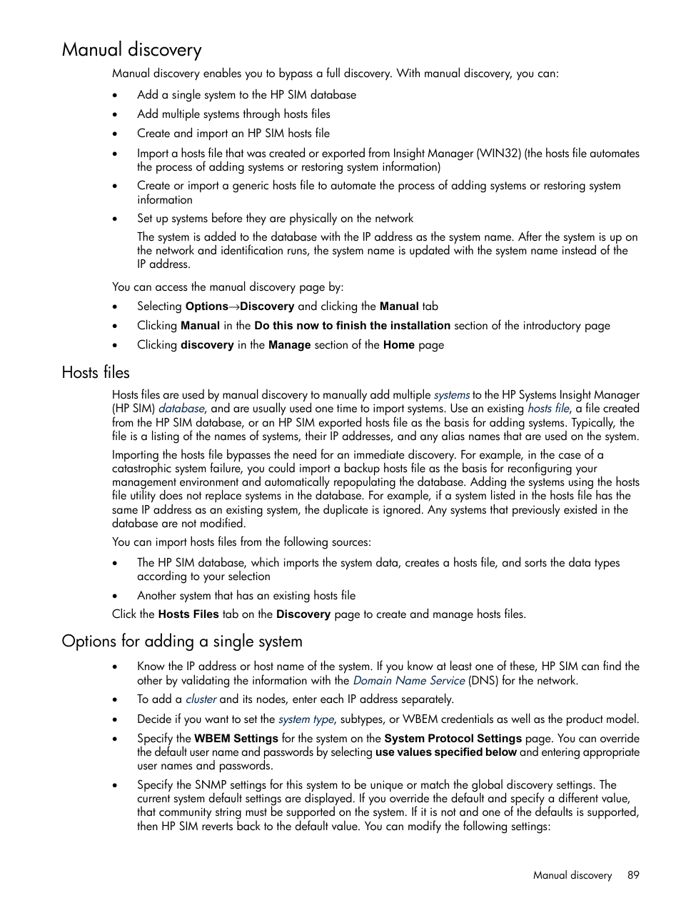 Manual discovery, Hosts files, Options for adding a single system | Hosts files options for adding a single system | HP Systems Insight Manager User Manual | Page 89 / 679