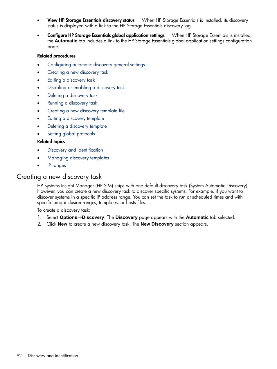 Creating a new discovery task, Creating a, New discovery task | HP Systems Insight Manager User Manual | Page 92 / 679