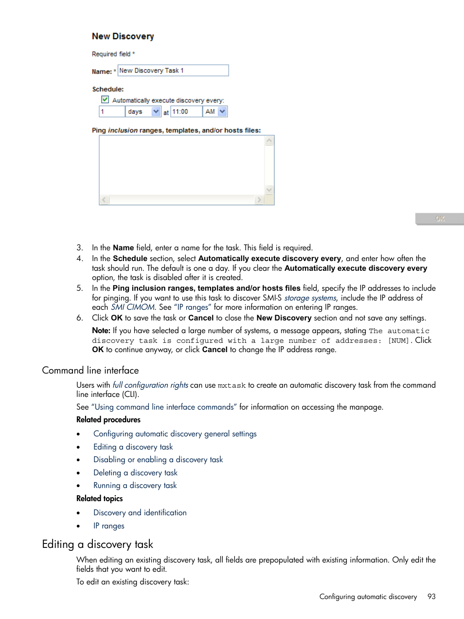 Command line interface, Editing a discovery task, Editing a discovery | Task | HP Systems Insight Manager User Manual | Page 93 / 679