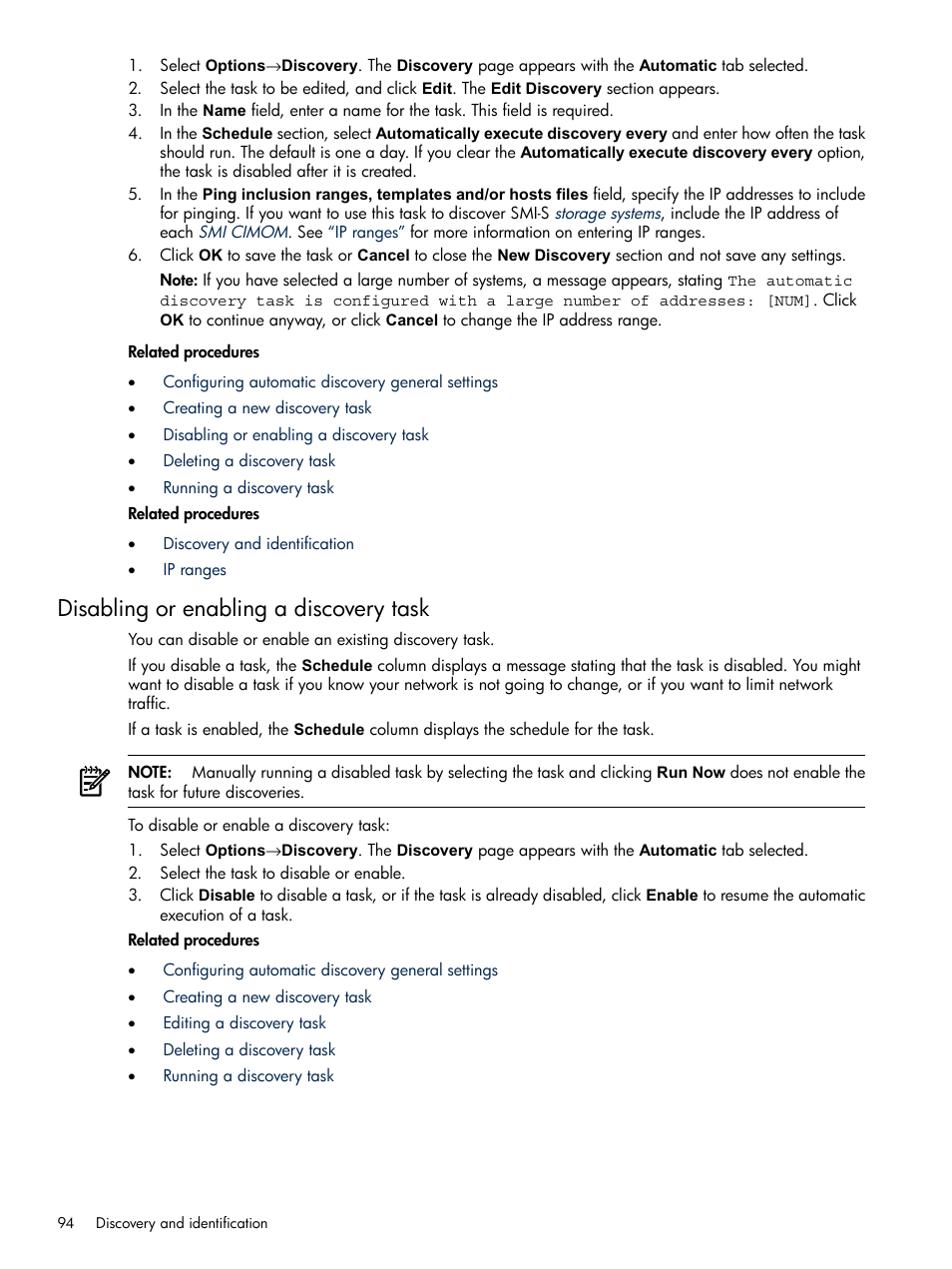 Disabling or enabling a discovery task | HP Systems Insight Manager User Manual | Page 94 / 679