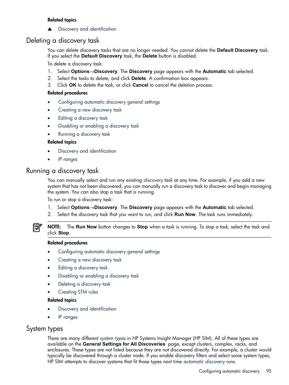 Deleting a discovery task, Running a discovery task, System types | Deleting a, Discovery task, Running a discovery, Task | HP Systems Insight Manager User Manual | Page 95 / 679