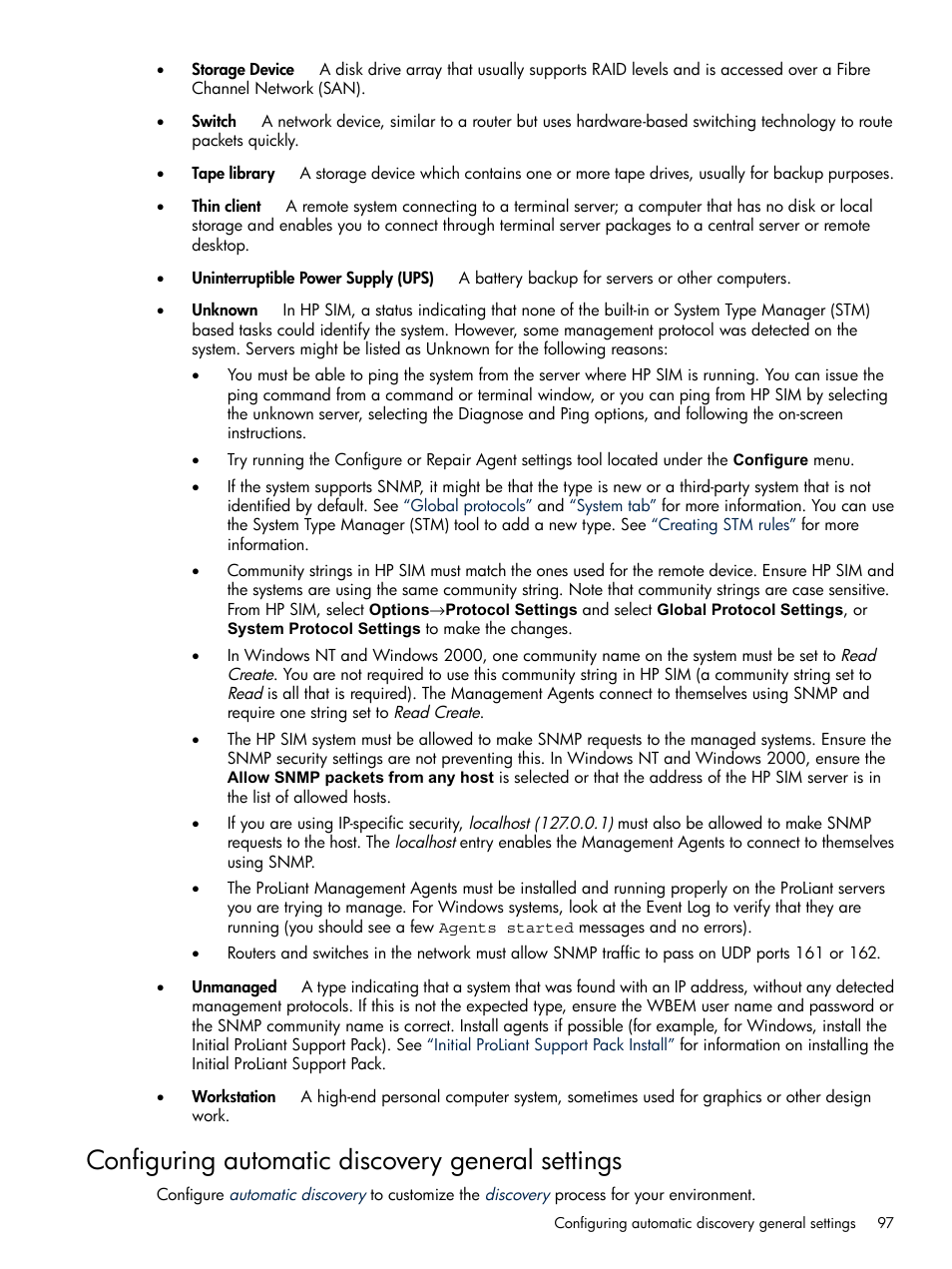 Configuring automatic discovery general settings, Configuring, Automatic discovery general settings | HP Systems Insight Manager User Manual | Page 97 / 679