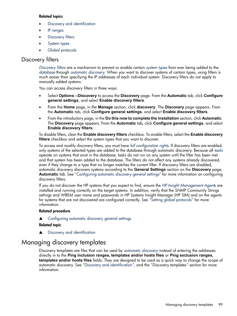 Discovery filters, Managing discovery templates | HP Systems Insight Manager User Manual | Page 99 / 679