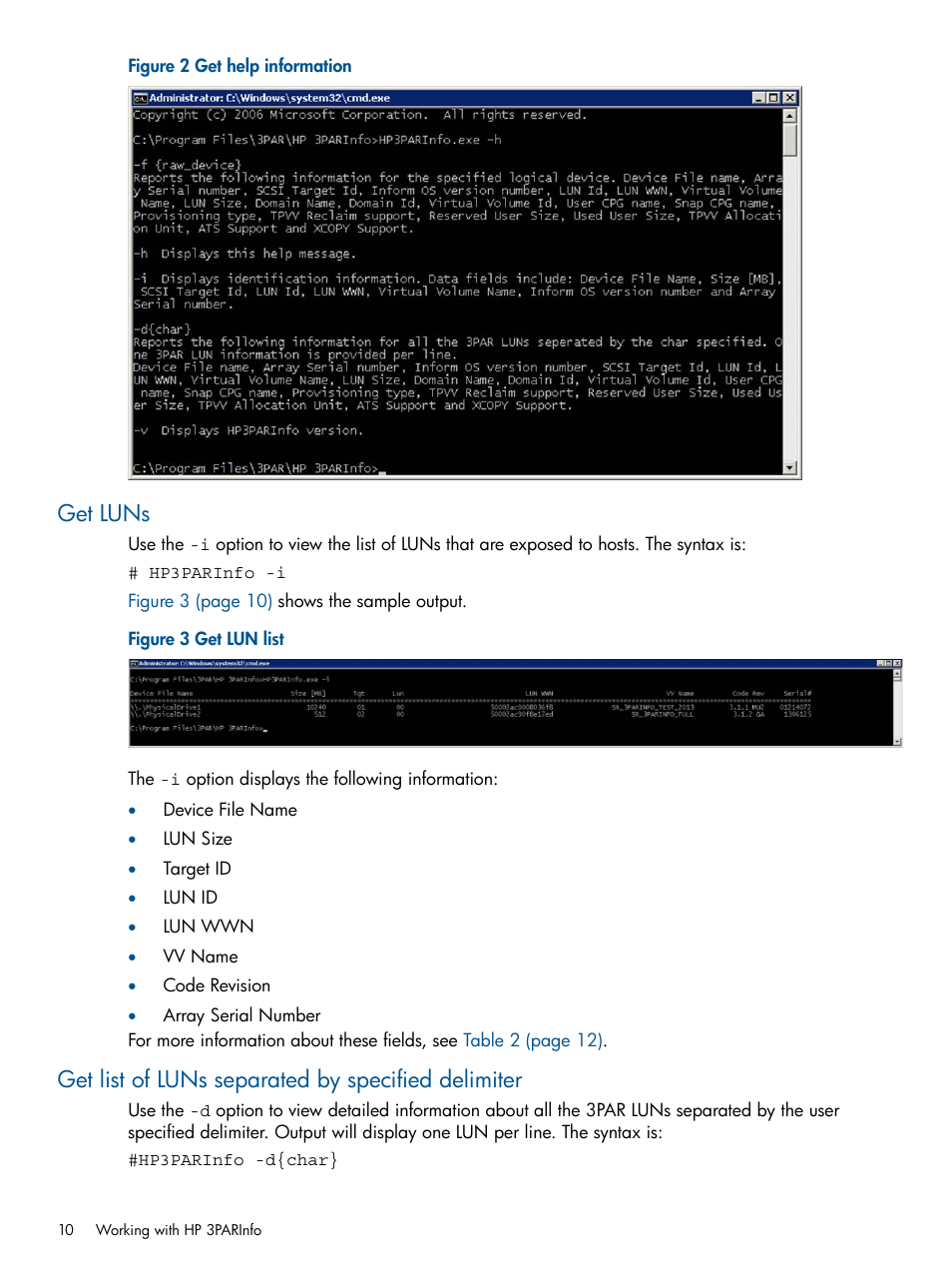 Get luns, Get list of luns separated by specified delimiter | HP 3PAR System Reporter Software Licenses User Manual | Page 10 / 18