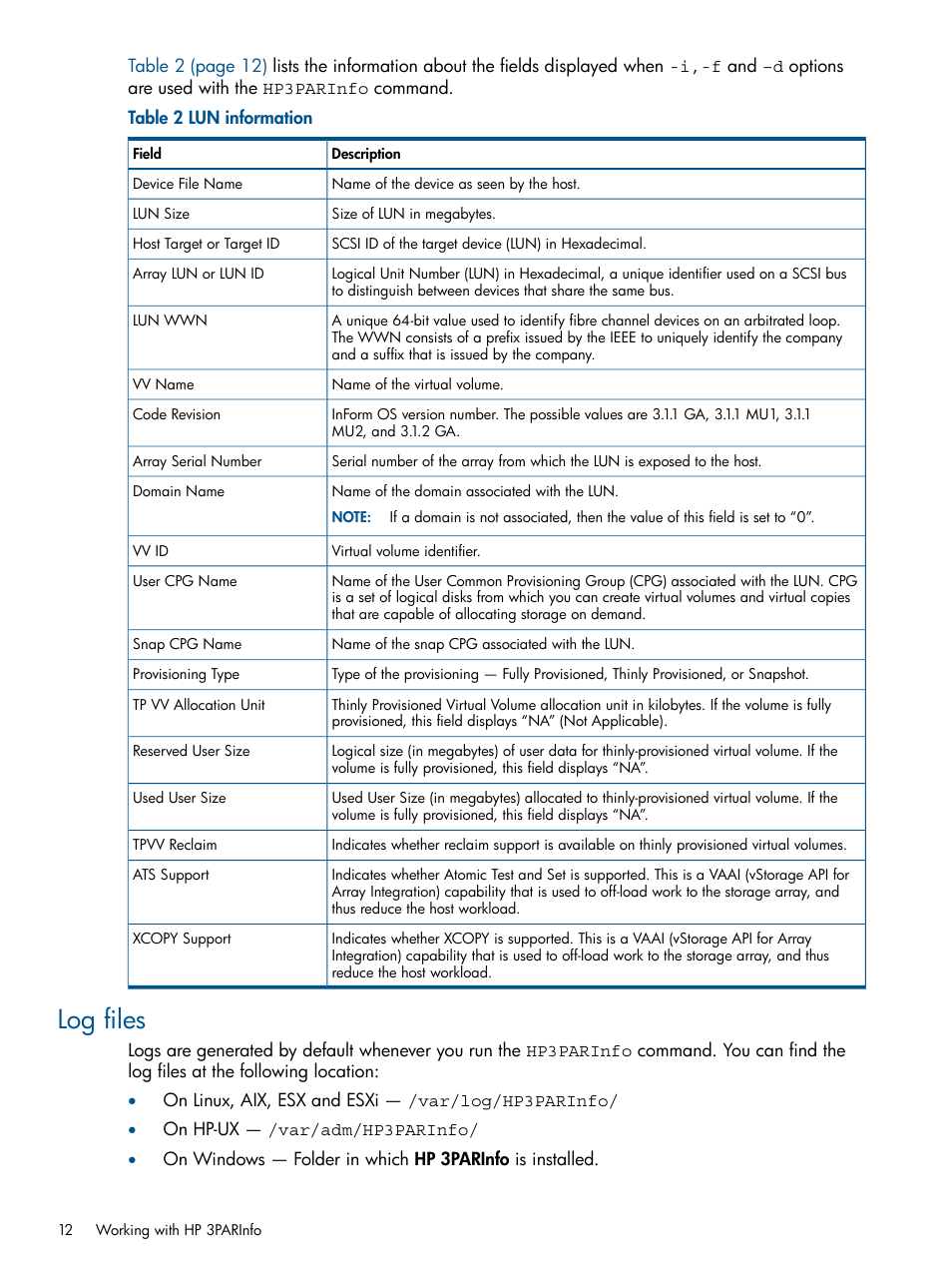 Log files | HP 3PAR System Reporter Software Licenses User Manual | Page 12 / 18