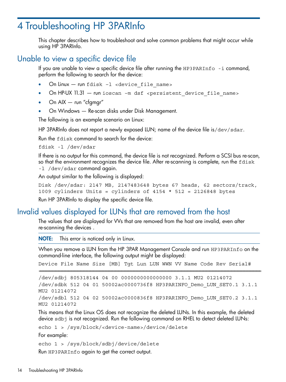 4 troubleshooting hp 3parinfo, Unable to view a specific device file | HP 3PAR System Reporter Software Licenses User Manual | Page 14 / 18
