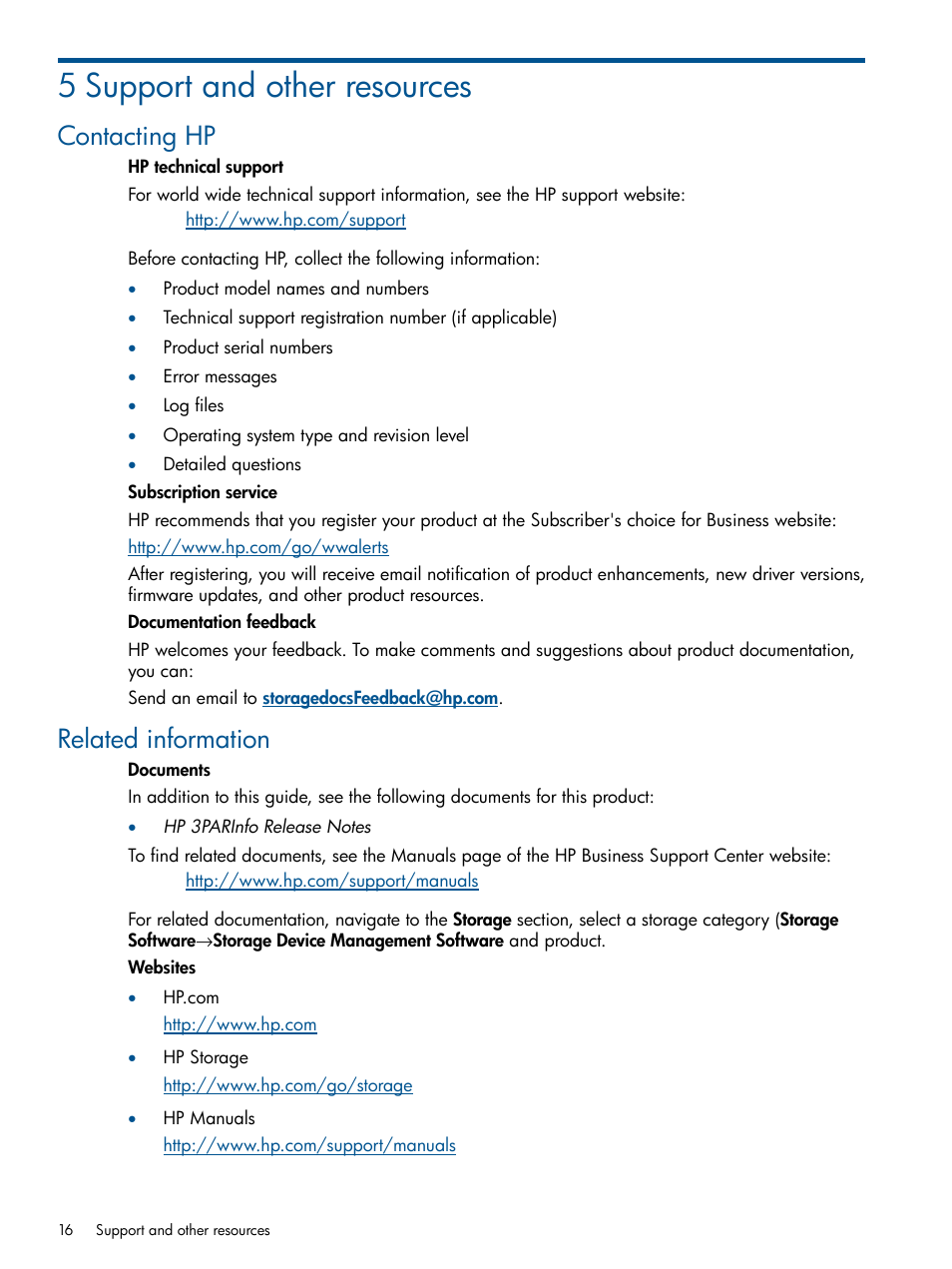 5 support and other resources, Contacting hp, Related information | Contacting hp related information | HP 3PAR System Reporter Software Licenses User Manual | Page 16 / 18