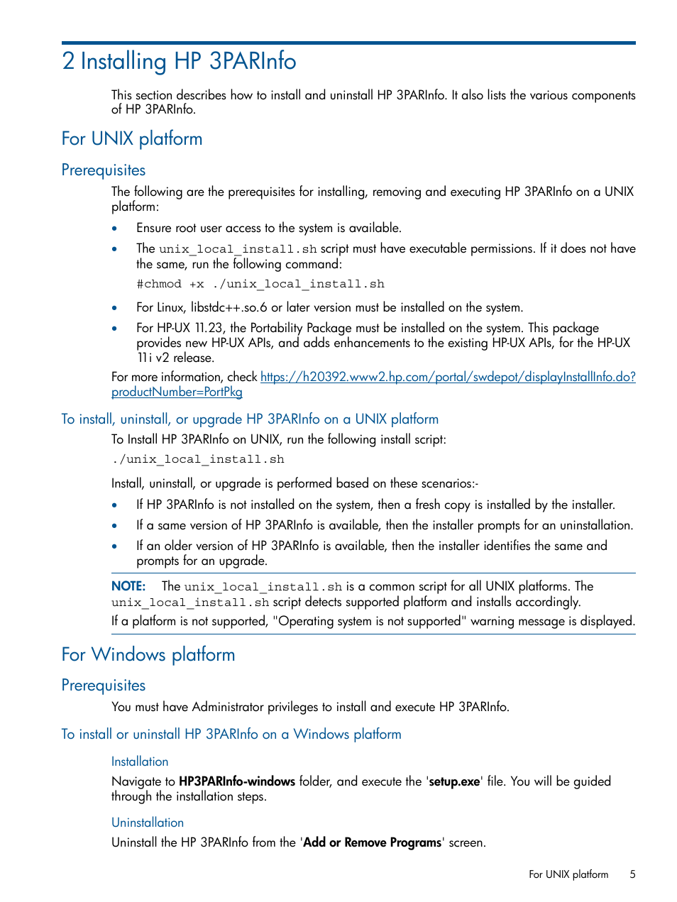 2 installing hp 3parinfo, For unix platform, Prerequisites | For windows platform, Installation, Uninstallation, Installation uninstallation | HP 3PAR System Reporter Software Licenses User Manual | Page 5 / 18