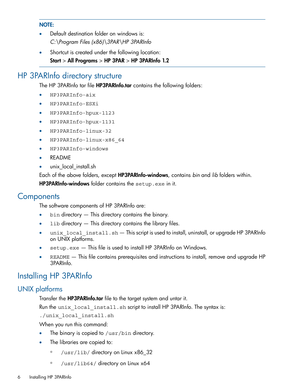Hp 3parinfo directory structure, Components, Installing hp 3parinfo | Unix platforms | HP 3PAR System Reporter Software Licenses User Manual | Page 6 / 18