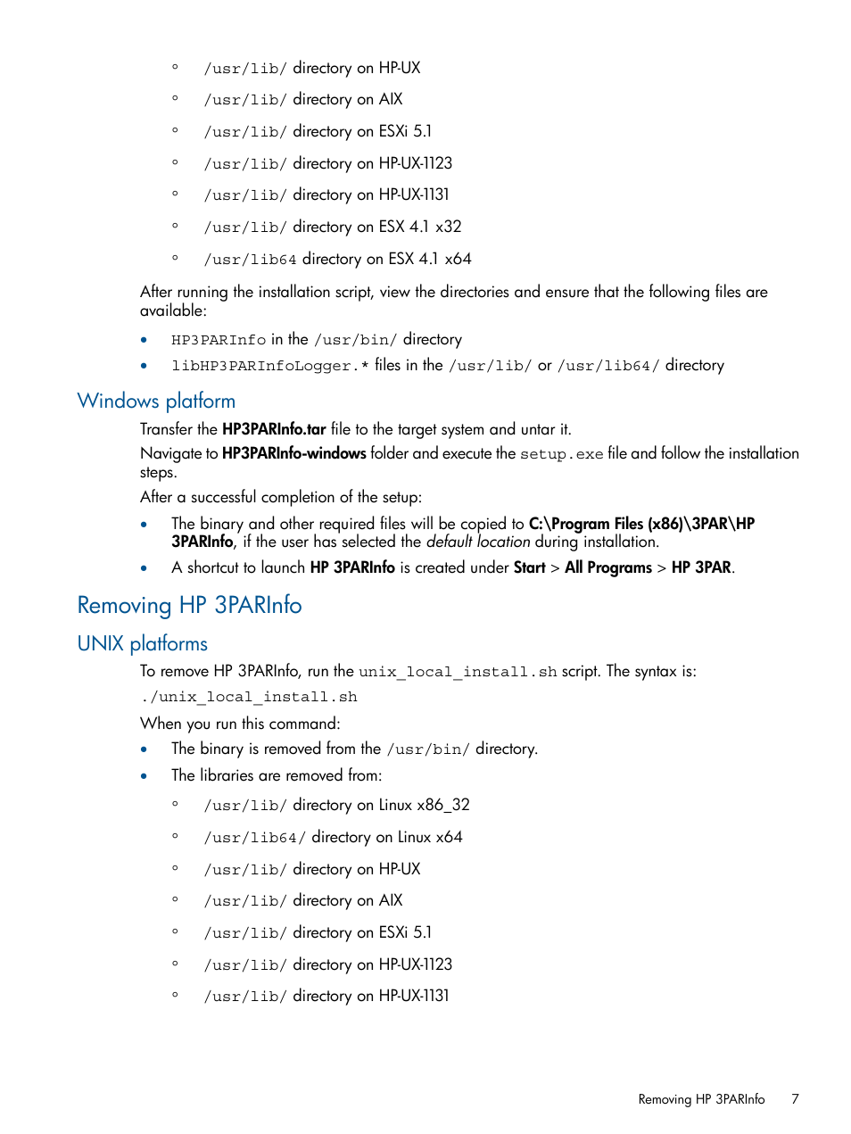 Windows platform, Removing hp 3parinfo, Unix platforms | HP 3PAR System Reporter Software Licenses User Manual | Page 7 / 18