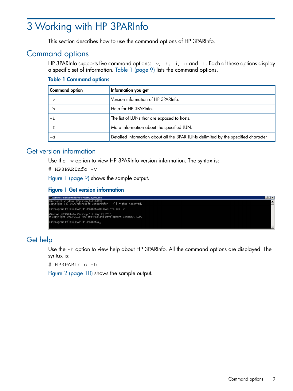 3 working with hp 3parinfo, Command options, Get version information | Get help, Get version information get help | HP 3PAR System Reporter Software Licenses User Manual | Page 9 / 18