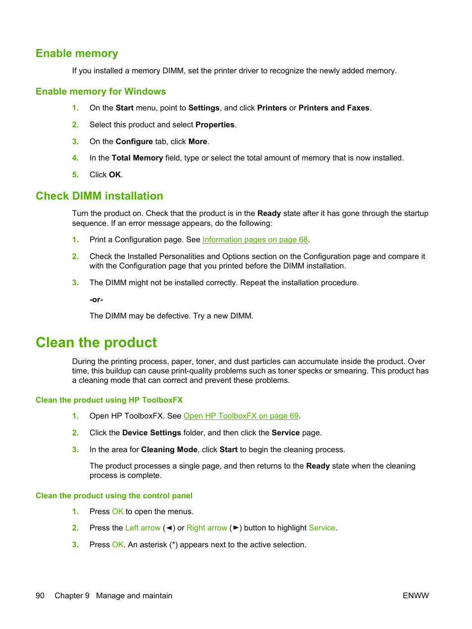 Enable memory, Enable memory for windows, Check dimm installation | Clean the product | HP Color LaserJet CP2025 Printer series User Manual | Page 100 / 166