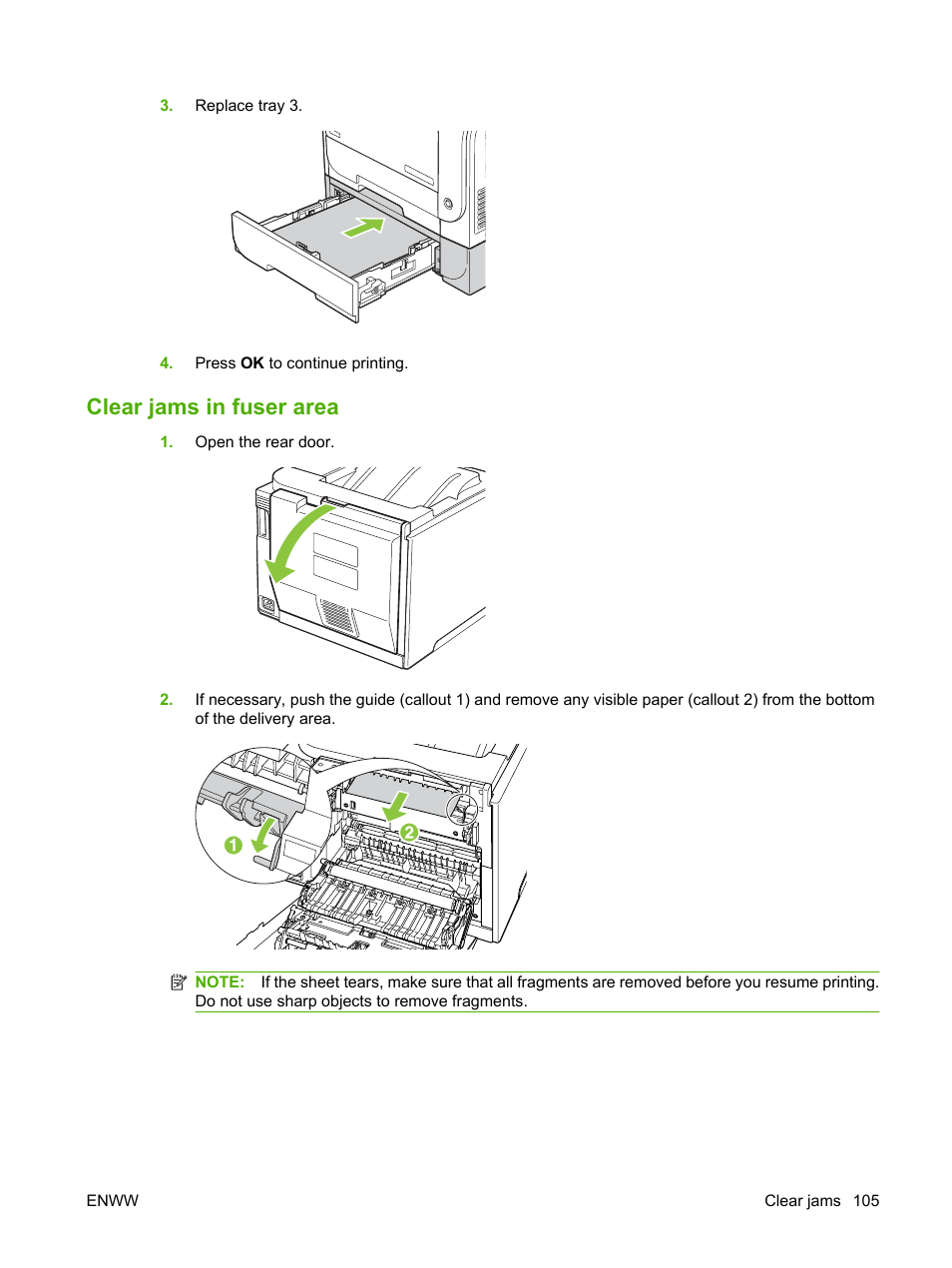 Clear jams in fuser area | HP Color LaserJet CP2025 Printer series User Manual | Page 115 / 166