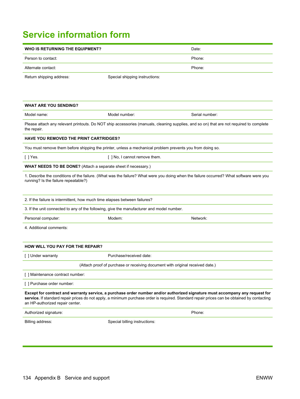 Service information form, 134 appendix b service and support enww | HP Color LaserJet CP2025 Printer series User Manual | Page 144 / 166