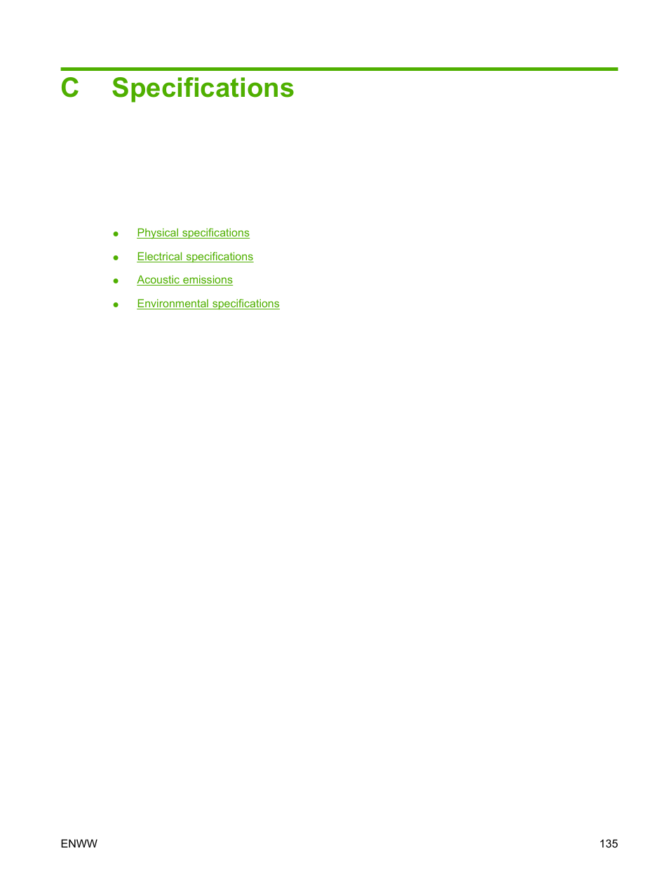 Specifications, Appendix c specifications, Cspecifications | HP Color LaserJet CP2025 Printer series User Manual | Page 145 / 166