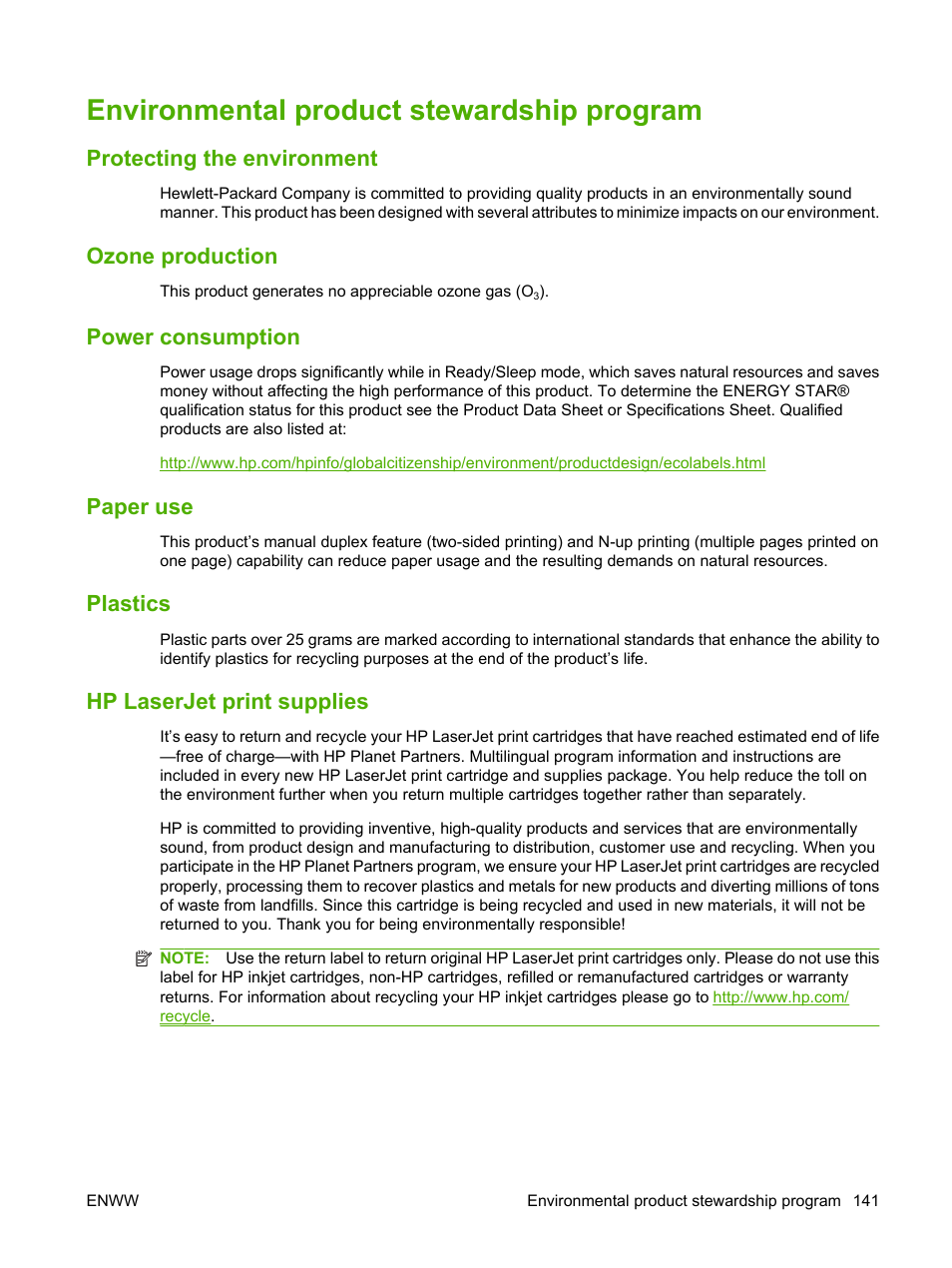 Environmental product stewardship program, Protecting the environment, Ozone production | Power consumption, Paper use, Plastics, Hp laserjet print supplies | HP Color LaserJet CP2025 Printer series User Manual | Page 151 / 166