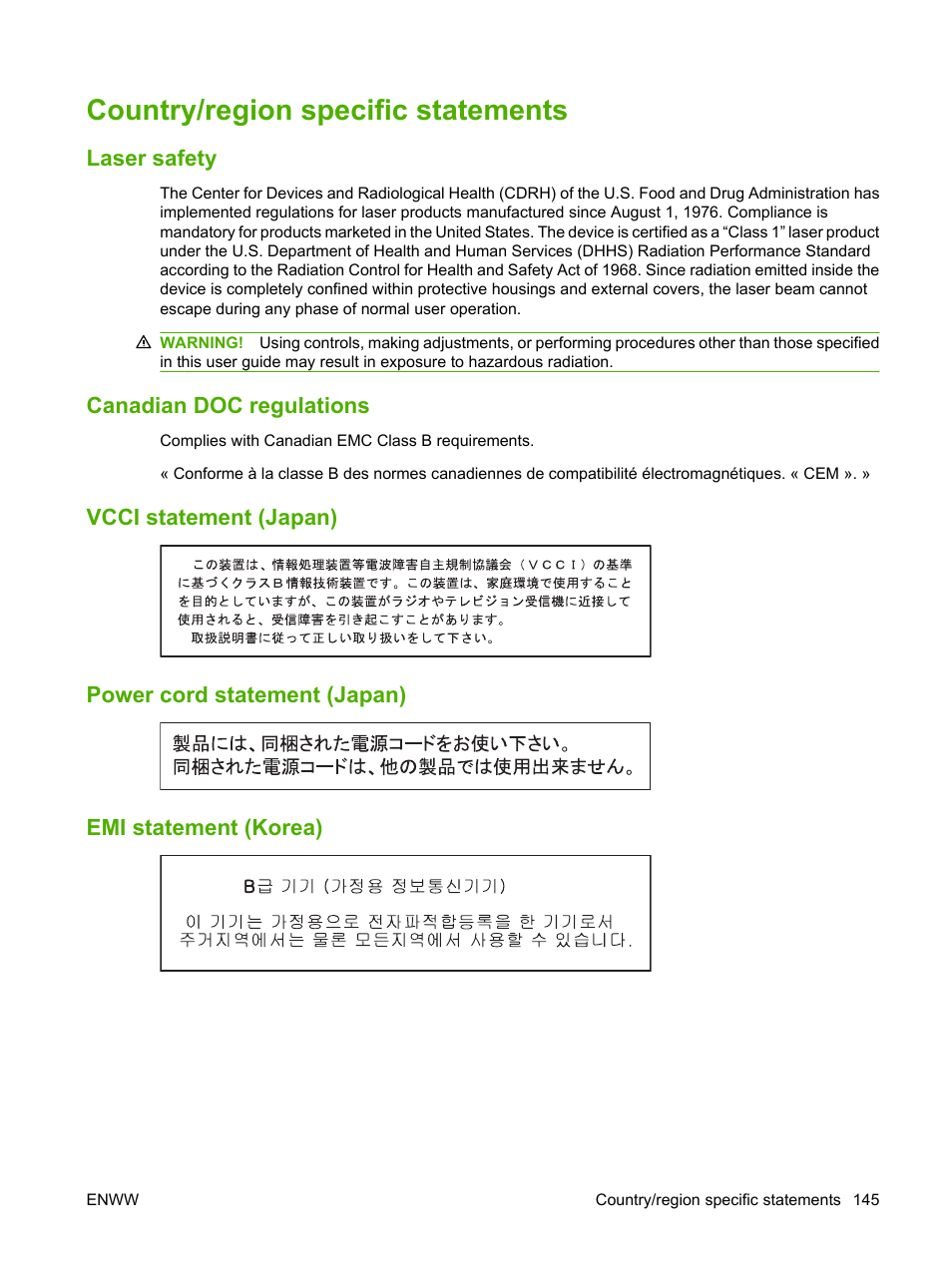 Country/region specific statements, Laser safety, Canadian doc regulations | Vcci statement (japan), Power cord statement (japan), Emi statement (korea) | HP Color LaserJet CP2025 Printer series User Manual | Page 155 / 166