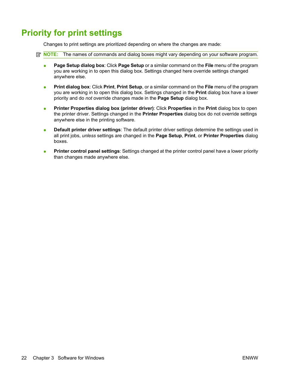 Priority for print settings | HP Color LaserJet CP2025 Printer series User Manual | Page 32 / 166