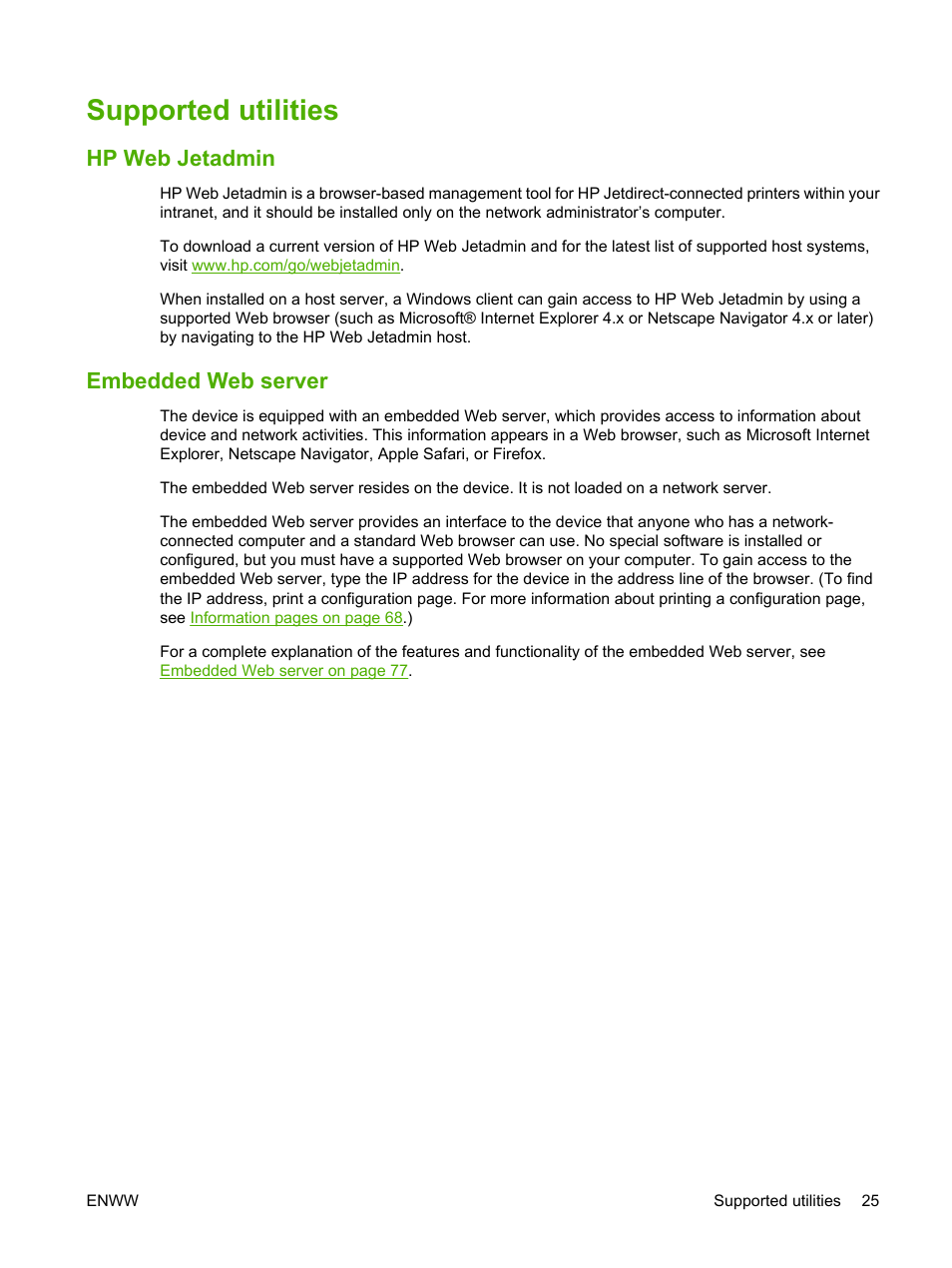 Supported utilities, Hp web jetadmin, Embedded web server | Hp web jetadmin embedded web server | HP Color LaserJet CP2025 Printer series User Manual | Page 35 / 166