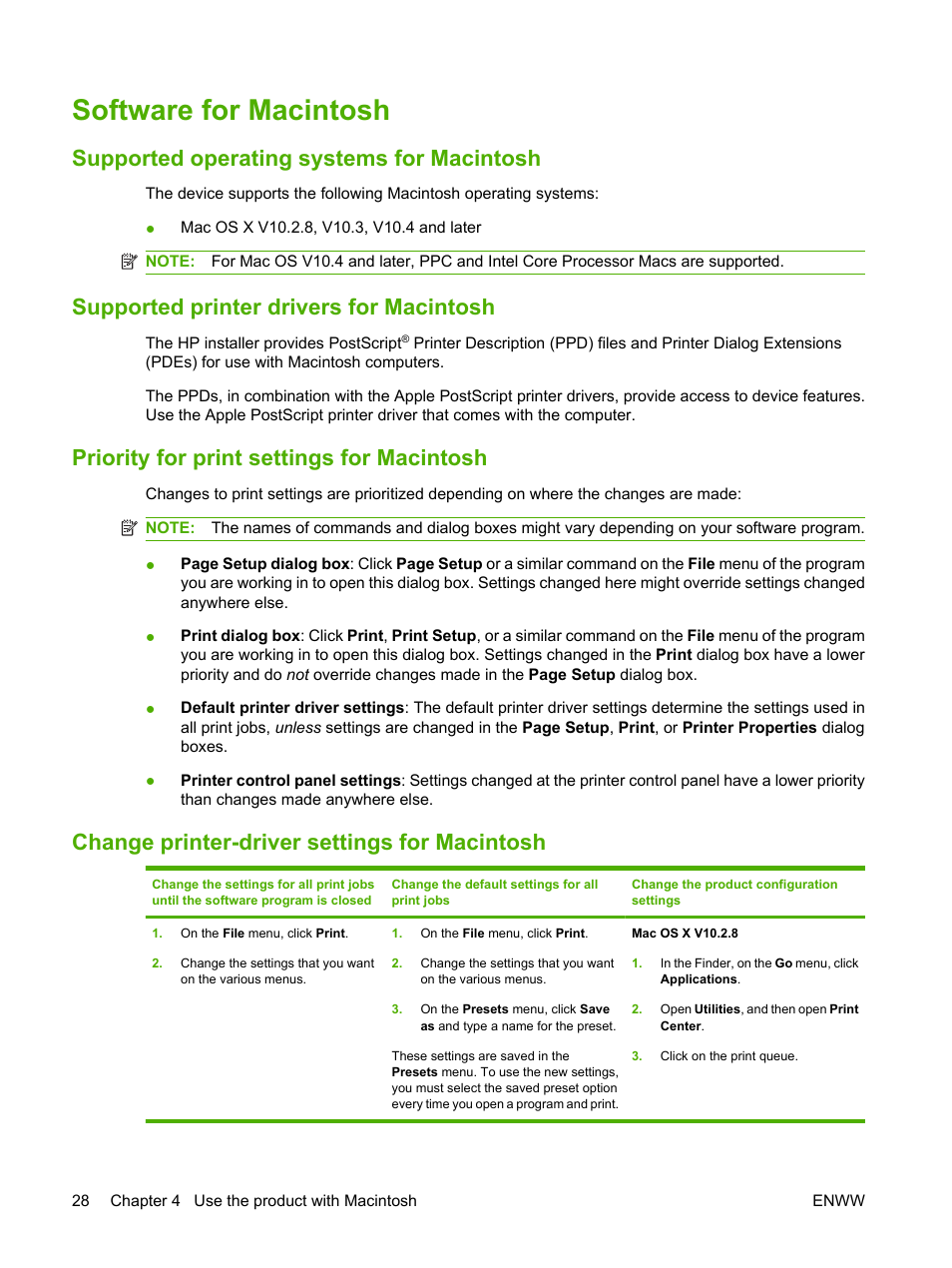 Software for macintosh, Supported operating systems for macintosh, Supported printer drivers for macintosh | Priority for print settings for macintosh, Change printer-driver settings for macintosh | HP Color LaserJet CP2025 Printer series User Manual | Page 38 / 166