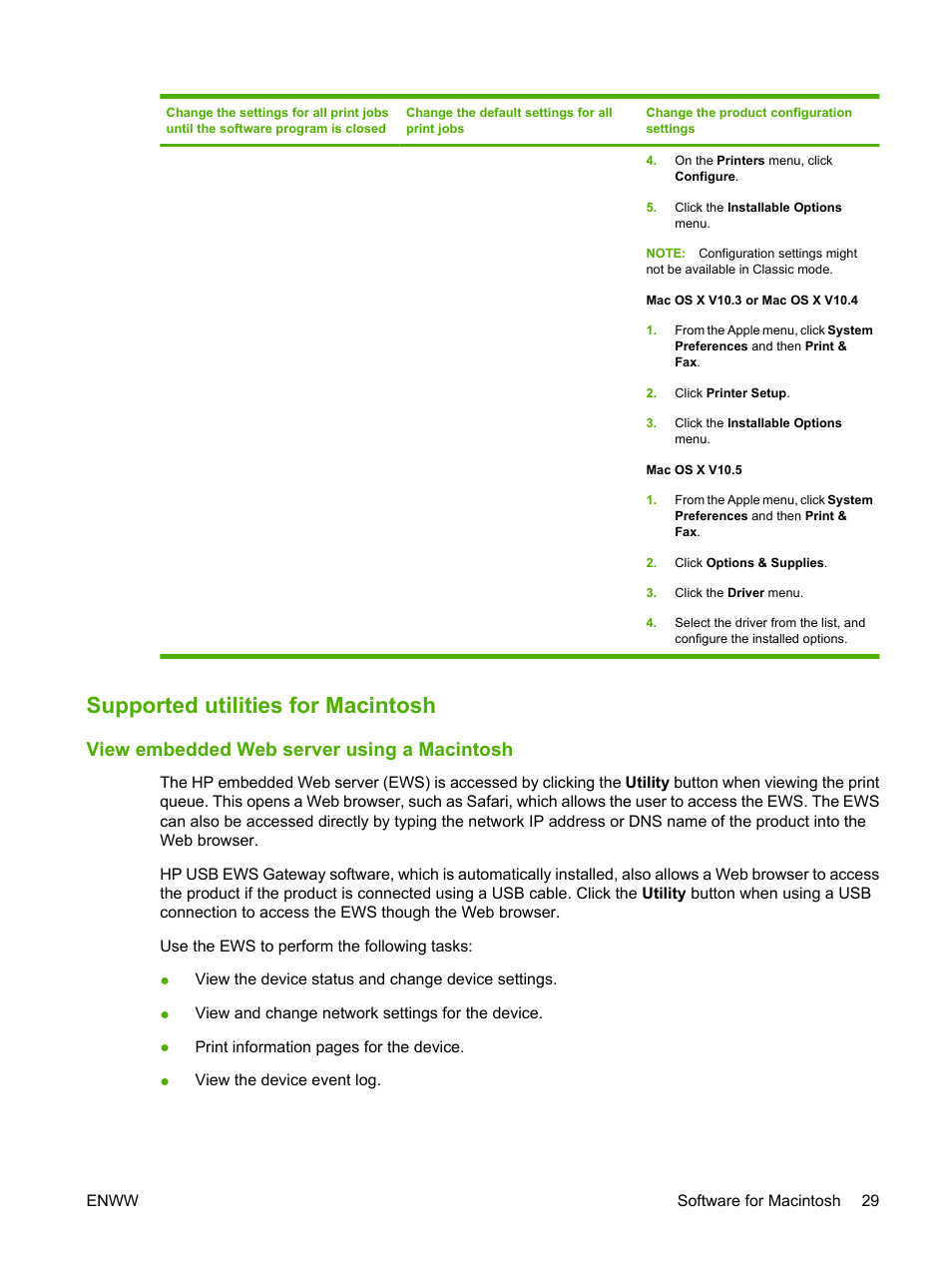 Supported utilities for macintosh, View embedded web server using a macintosh | HP Color LaserJet CP2025 Printer series User Manual | Page 39 / 166