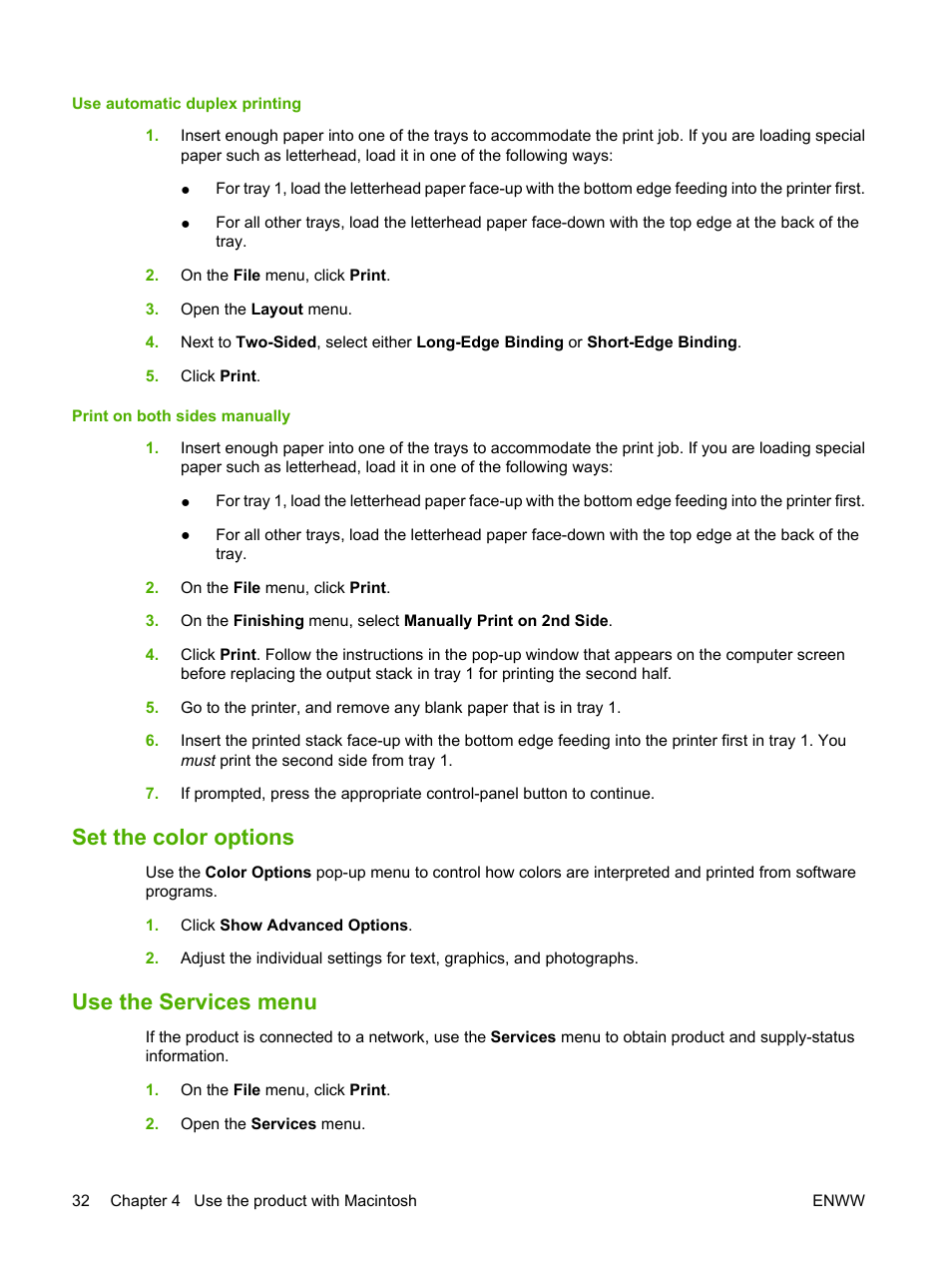 Set the color options, Use the services menu, Set the color options use the services menu | HP Color LaserJet CP2025 Printer series User Manual | Page 42 / 166