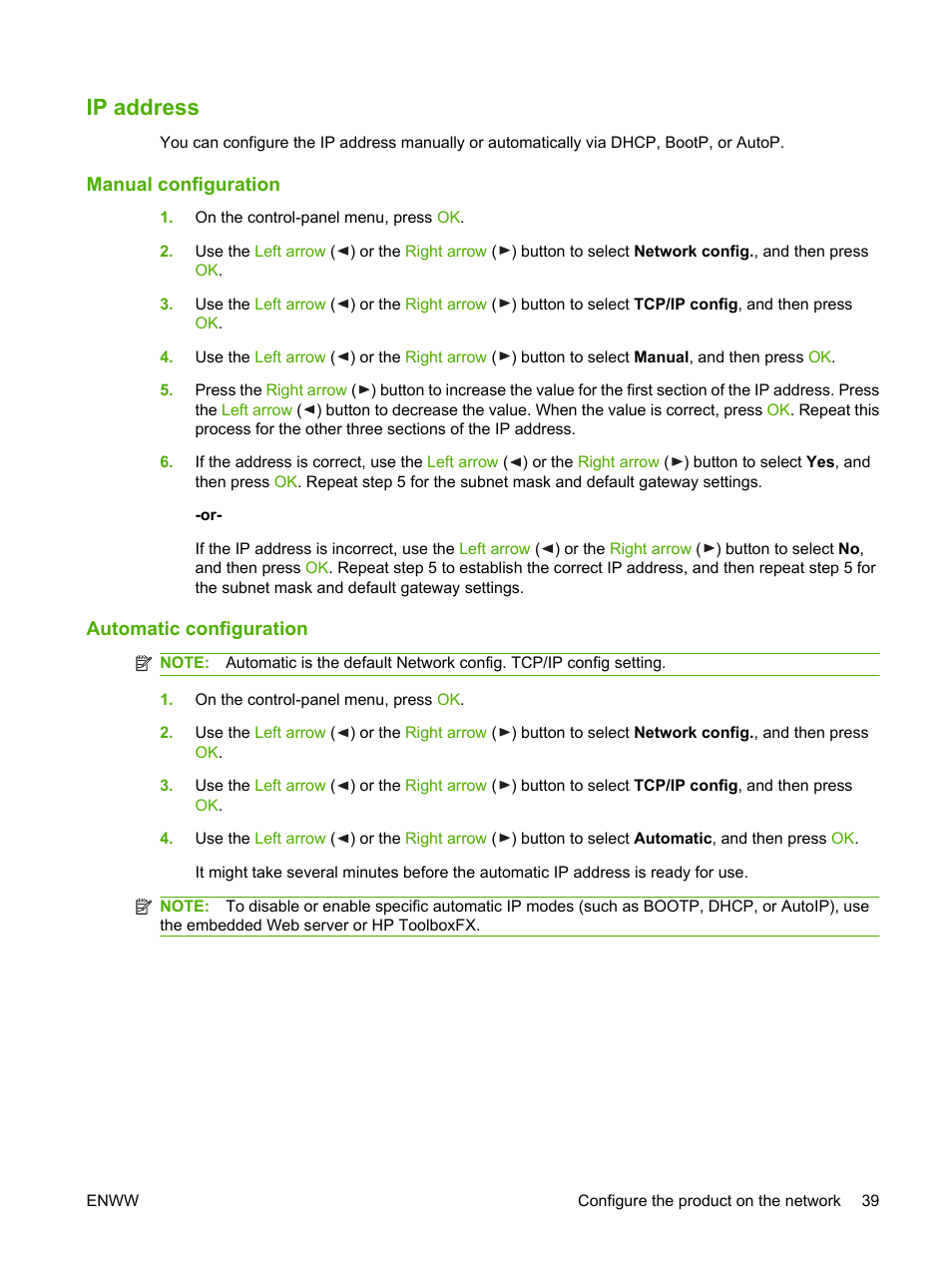 Ip address, Manual configuration, Automatic configuration | Manual configuration automatic configuration | HP Color LaserJet CP2025 Printer series User Manual | Page 49 / 166