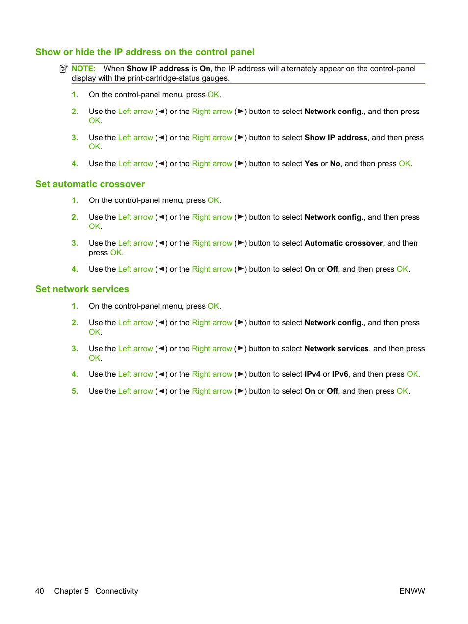 Show or hide the ip address on the control panel, Set automatic crossover, Set network services | HP Color LaserJet CP2025 Printer series User Manual | Page 50 / 166