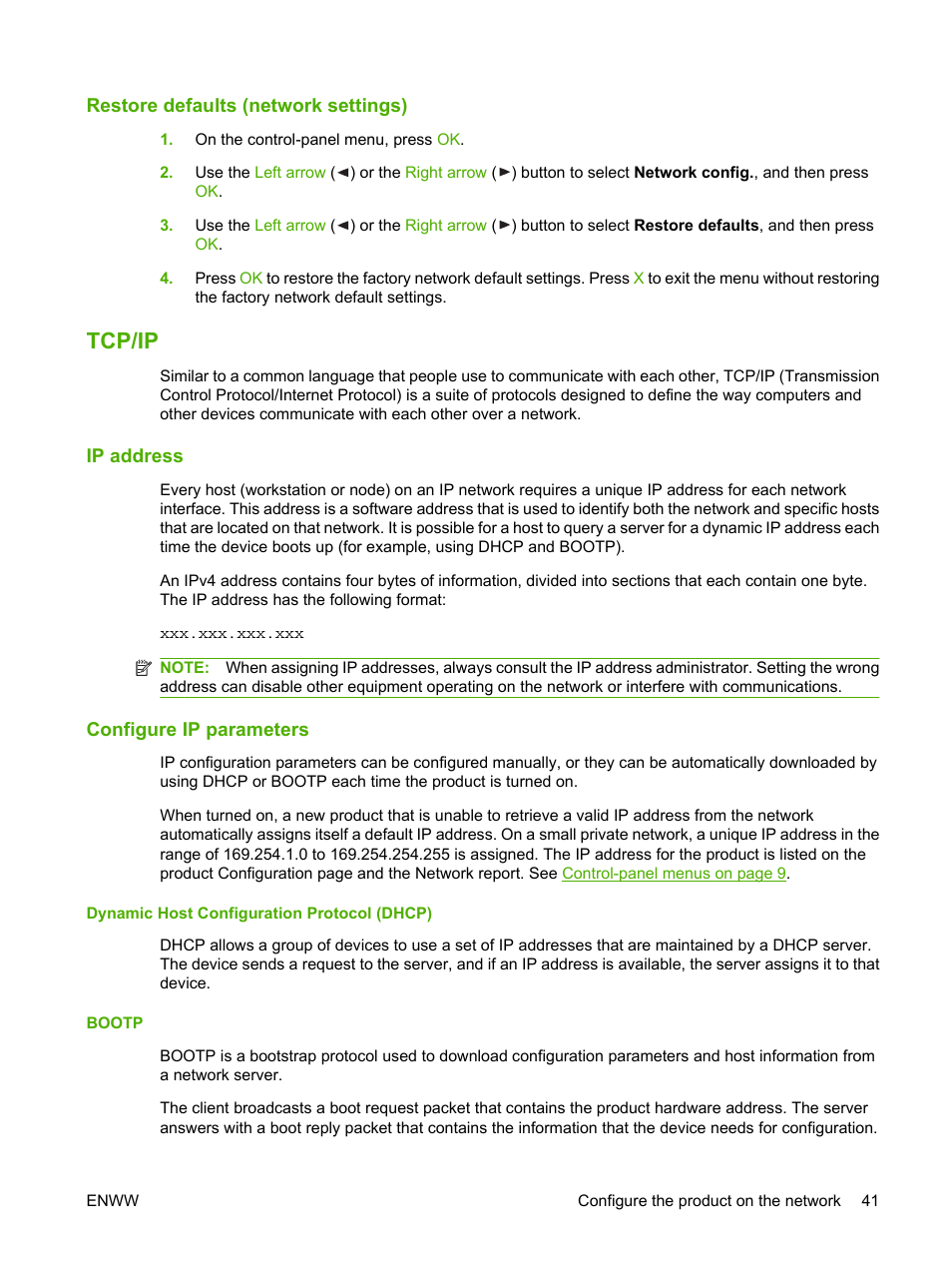 Restore defaults (network settings), Tcp/ip, Ip address | Configure ip parameters, Dynamic host configuration protocol (dhcp), Bootp, Ip address configure ip parameters, Dynamic host configuration protocol (dhcp) bootp | HP Color LaserJet CP2025 Printer series User Manual | Page 51 / 166