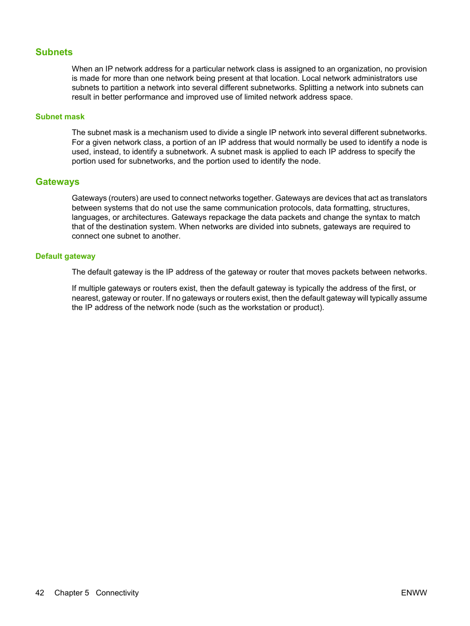 Subnets, Subnet mask, Gateways | Default gateway | HP Color LaserJet CP2025 Printer series User Manual | Page 52 / 166